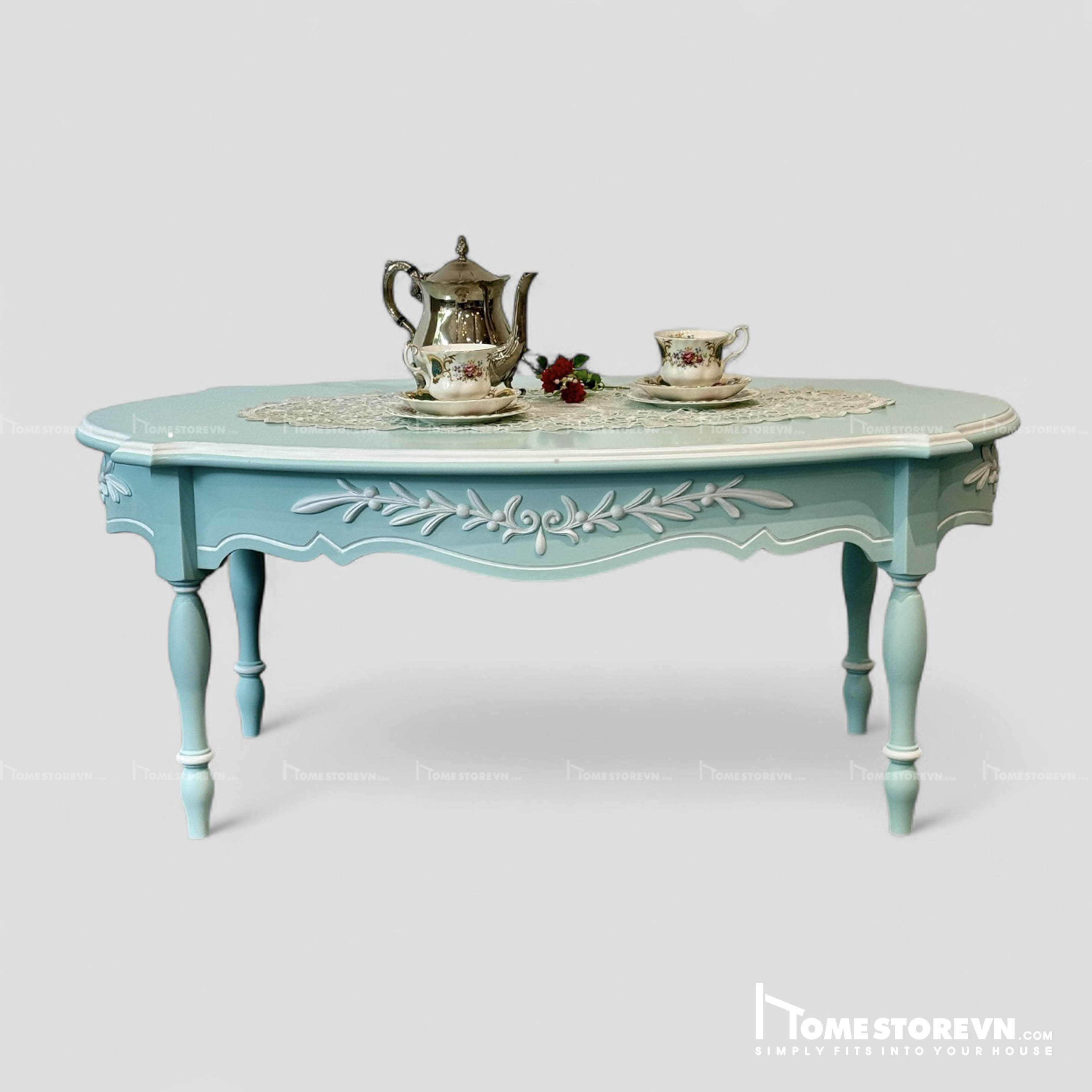 Bàn trà Vintage 03 - xanh da trời hoa nổi BTR3