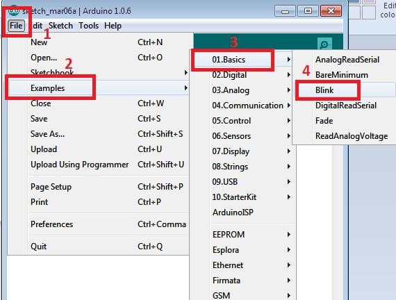 mở và nạp chương trình mẫu cho arduino