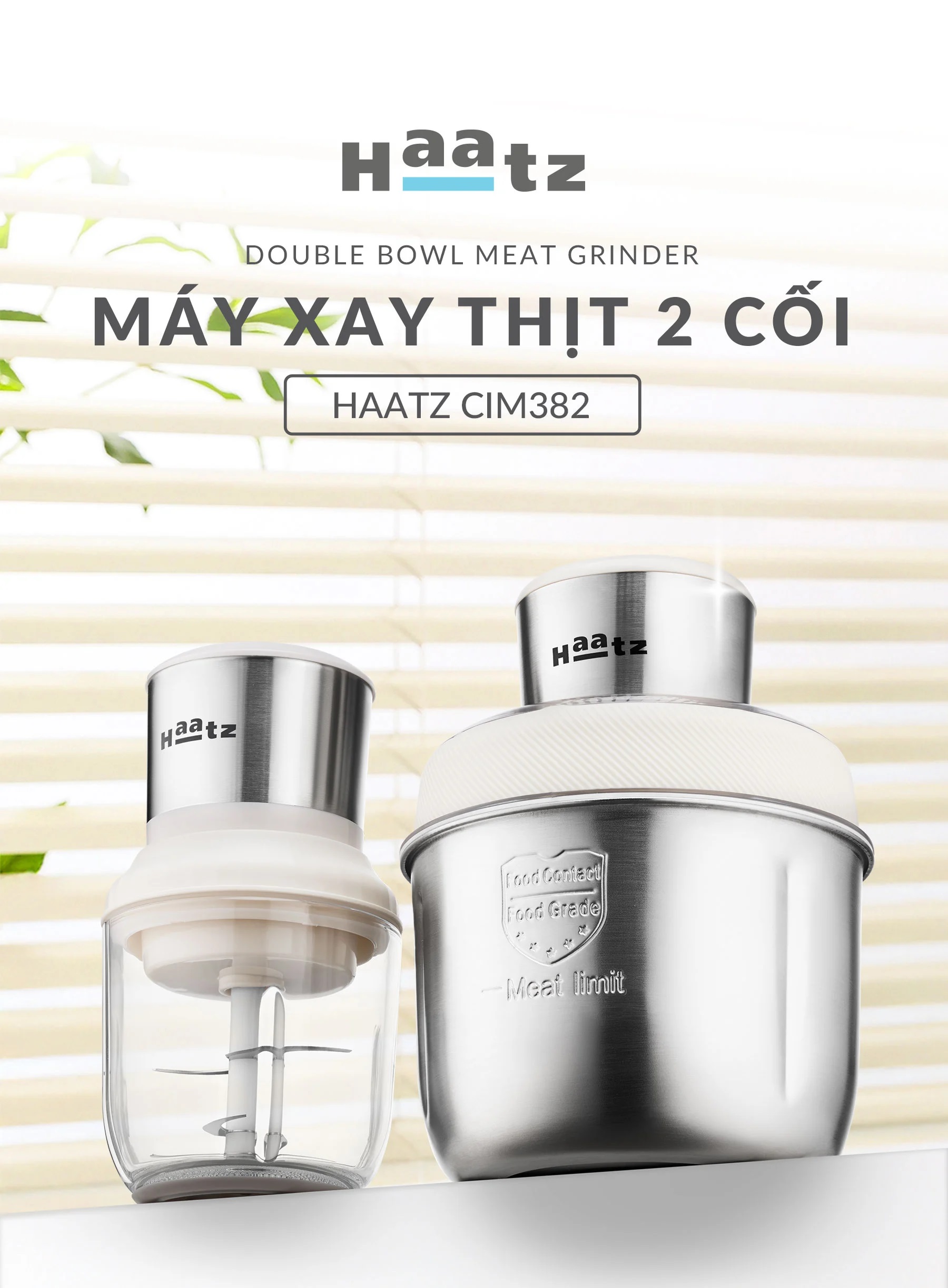 Máy xay đa năng CIM382 Haatz 500W (1 cối inox, 1 cối thủy tinh, kèm lõi đánh ruốc bóc tỏi)