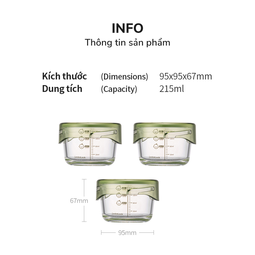 Hộp Thủy Tinh LocknLock đựng thức ăn cho bé 215ml*3 - LLG540S3GRN