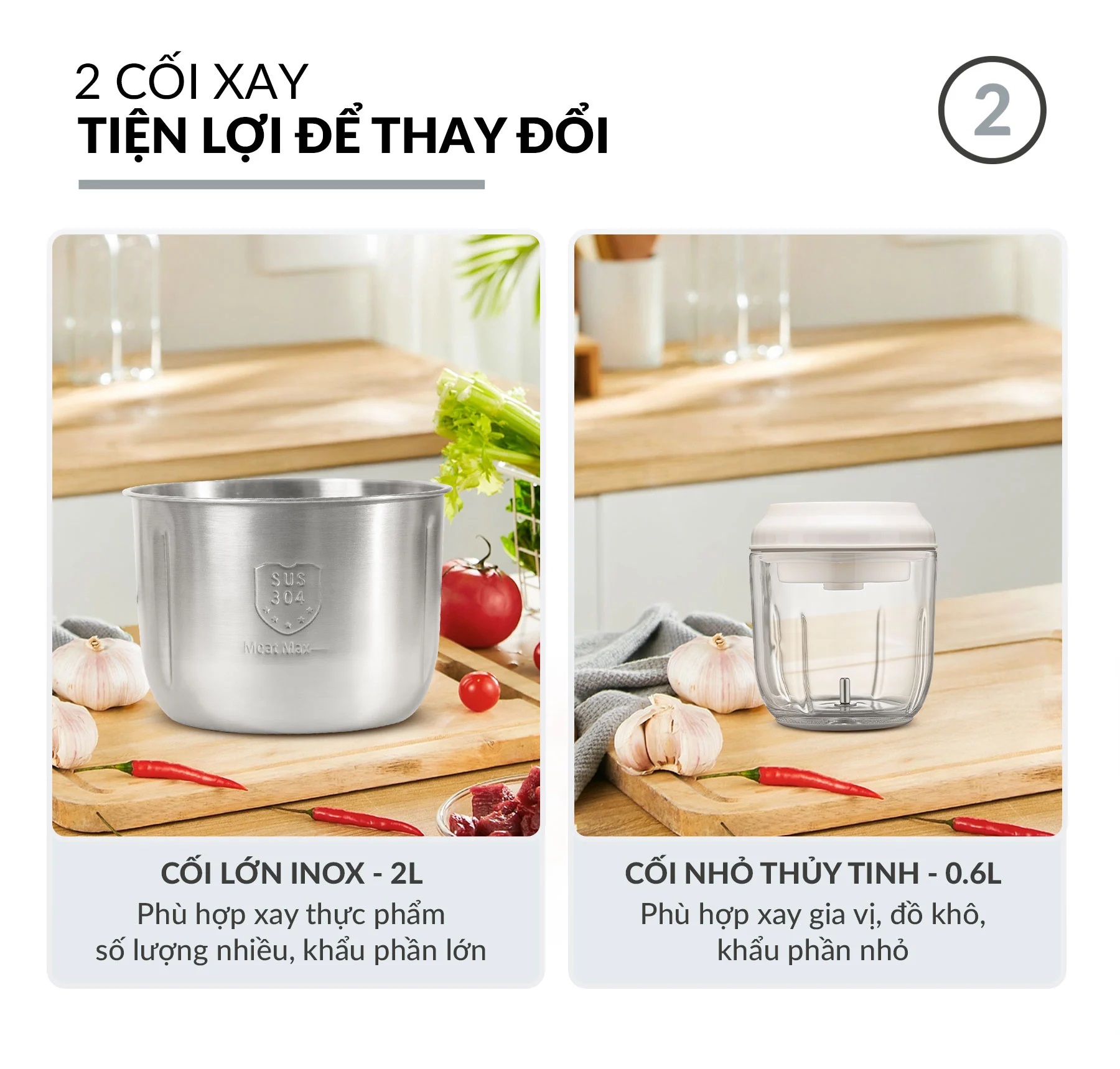 Máy xay đa năng CIM382 Haatz 500W (1 cối inox, 1 cối thủy tinh, kèm lõi đánh ruốc bóc tỏi)