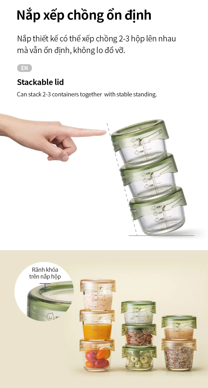 Hộp Thủy Tinh LocknLock đựng thức ăn cho bé 215ml*3 - LLG540S3GRN