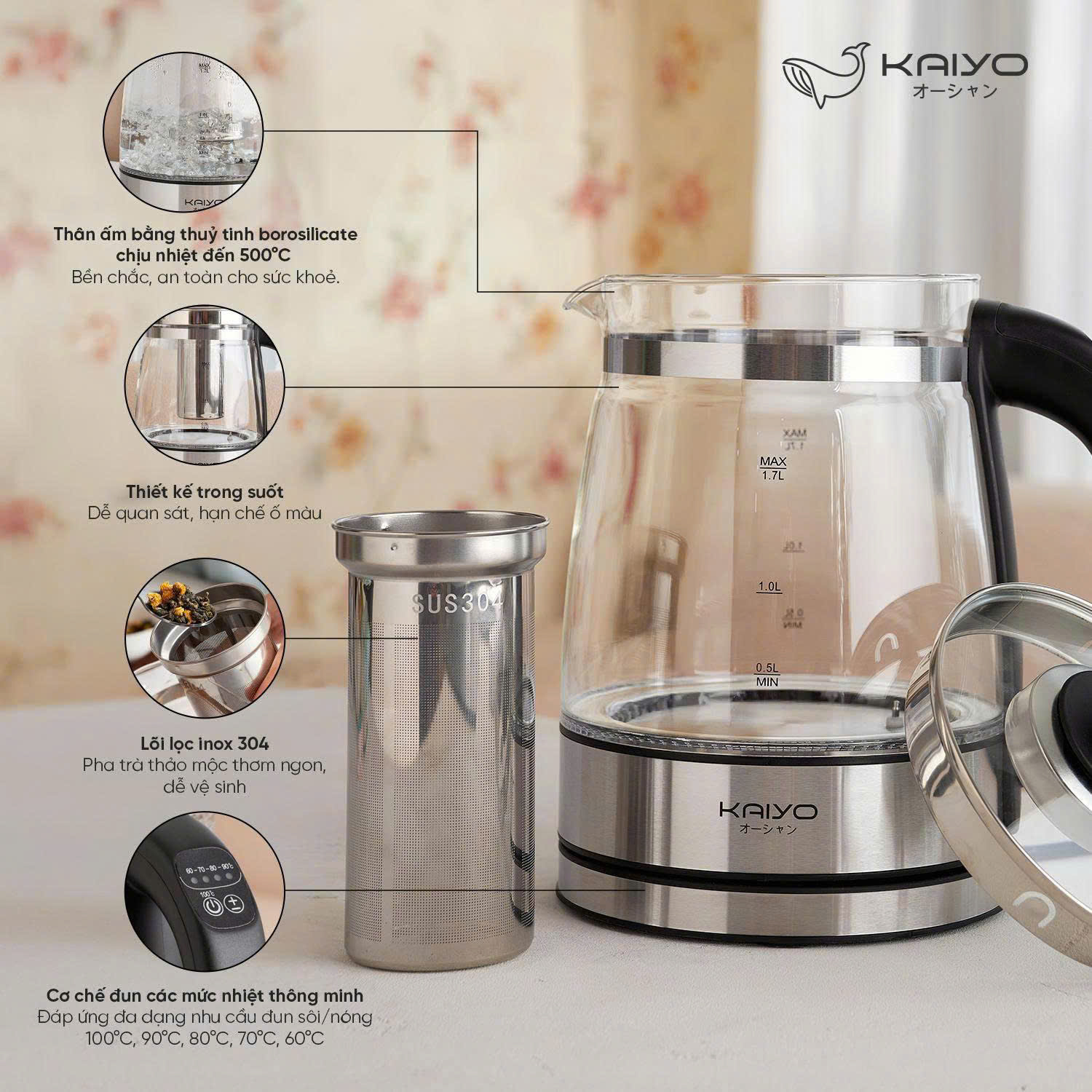 Ấm siêu tốc thuỷ tinh borosilicate kèm lọc trà có điều chỉnh nhiệt độ Kaiyo 1.7L (KEK-062)