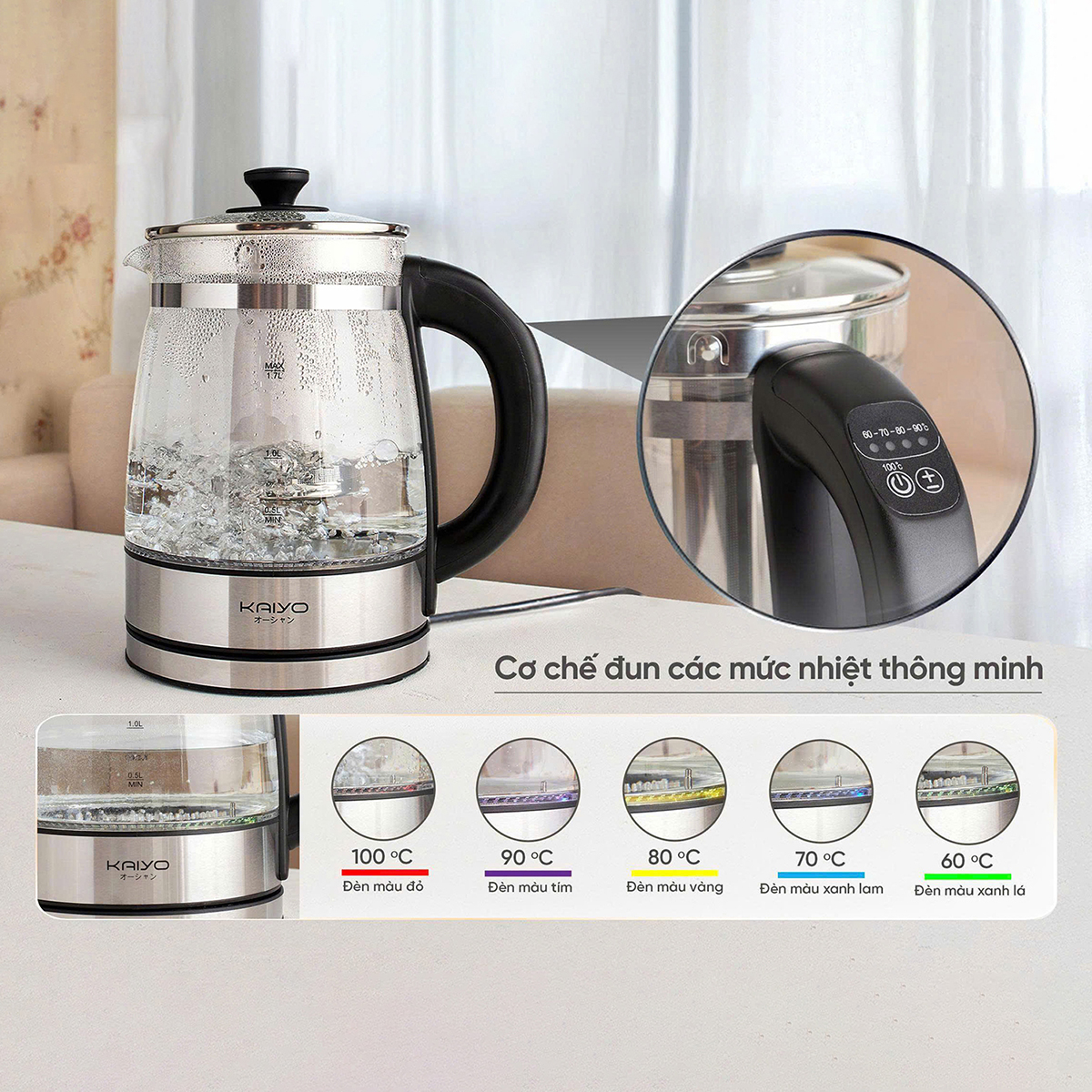 Ấm siêu tốc thuỷ tinh borosilicate kèm lọc trà có điều chỉnh nhiệt độ Kaiyo 1.7L (KEK-062)