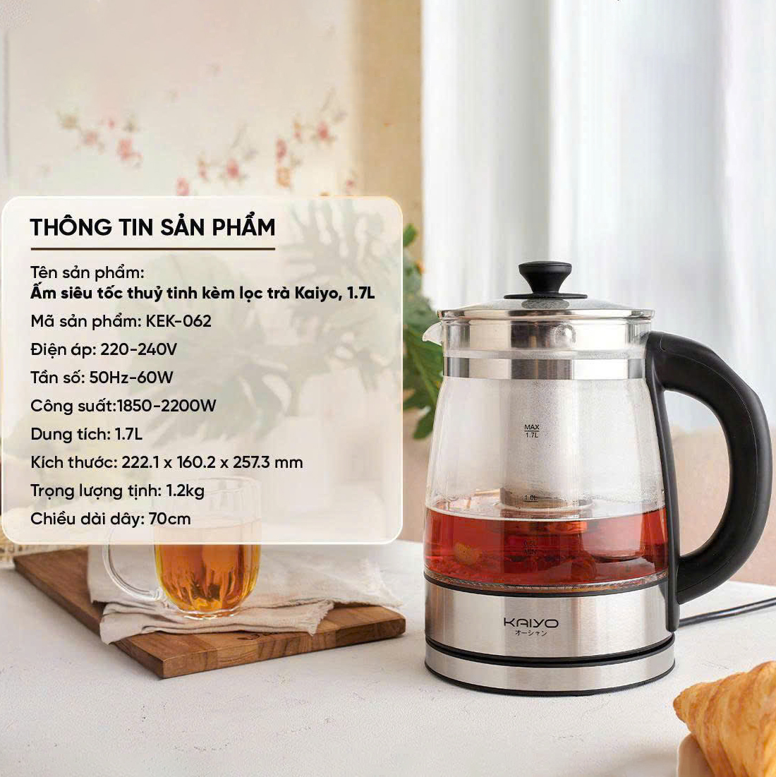 Ấm siêu tốc thuỷ tinh borosilicate kèm lọc trà có điều chỉnh nhiệt độ Kaiyo 1.7L (KEK-062)