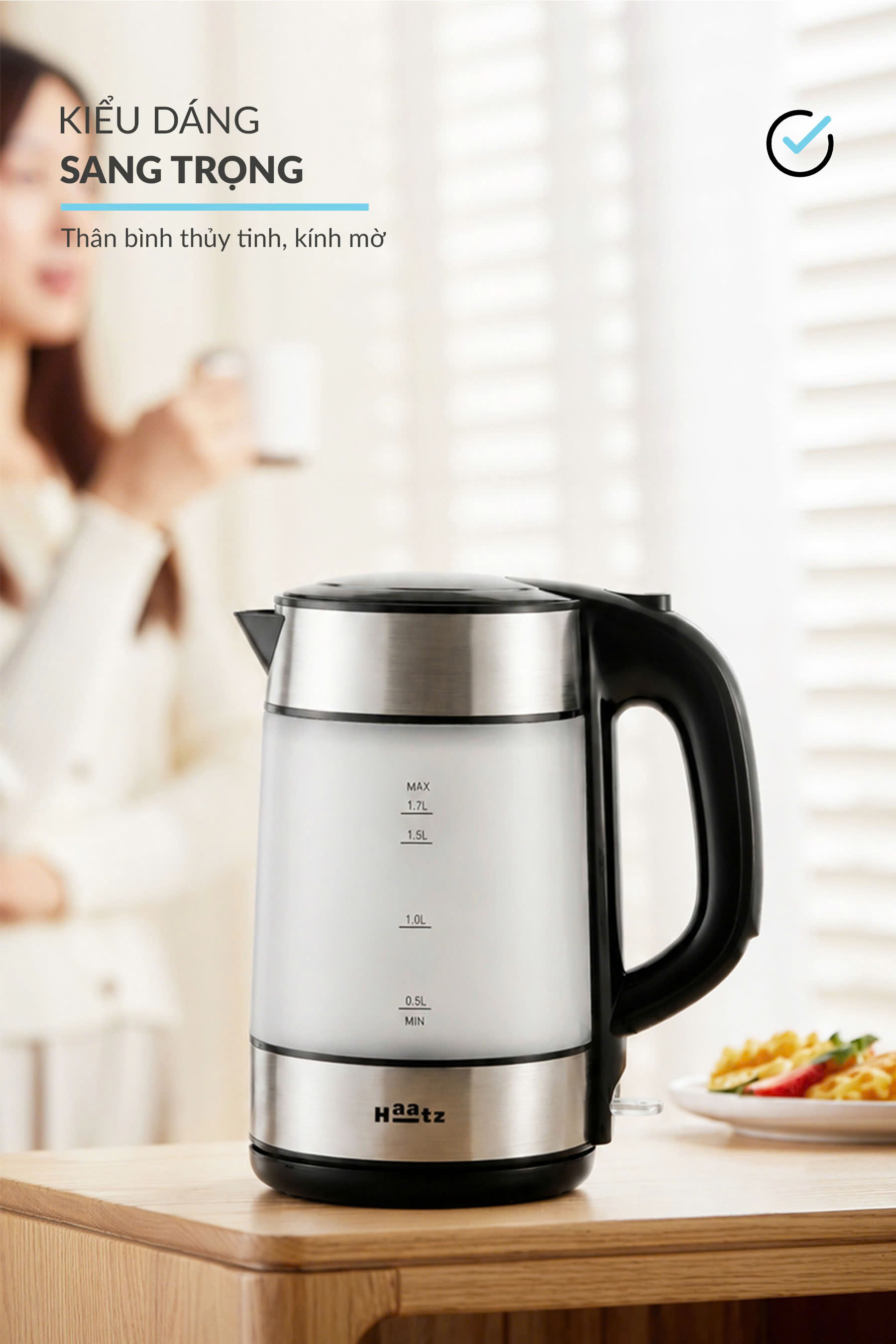Ấm siêu tốc kính mờ chịu nhiệt cao lòng đáy bình inox 316 đun nhanh 2200w