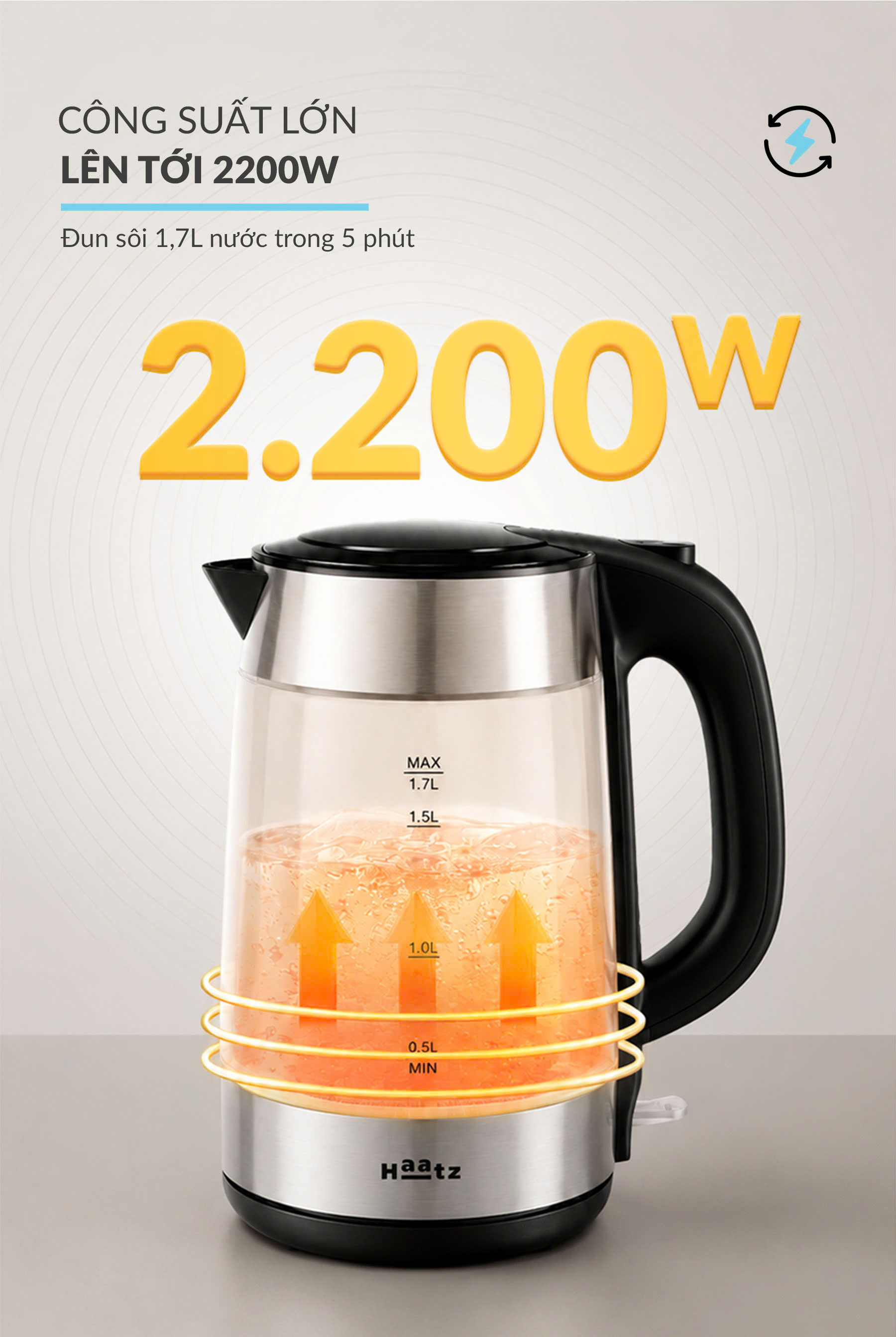 Ấm siêu tốc kính mờ chịu nhiệt cao lòng đáy bình inox 316 đun nhanh 2200w