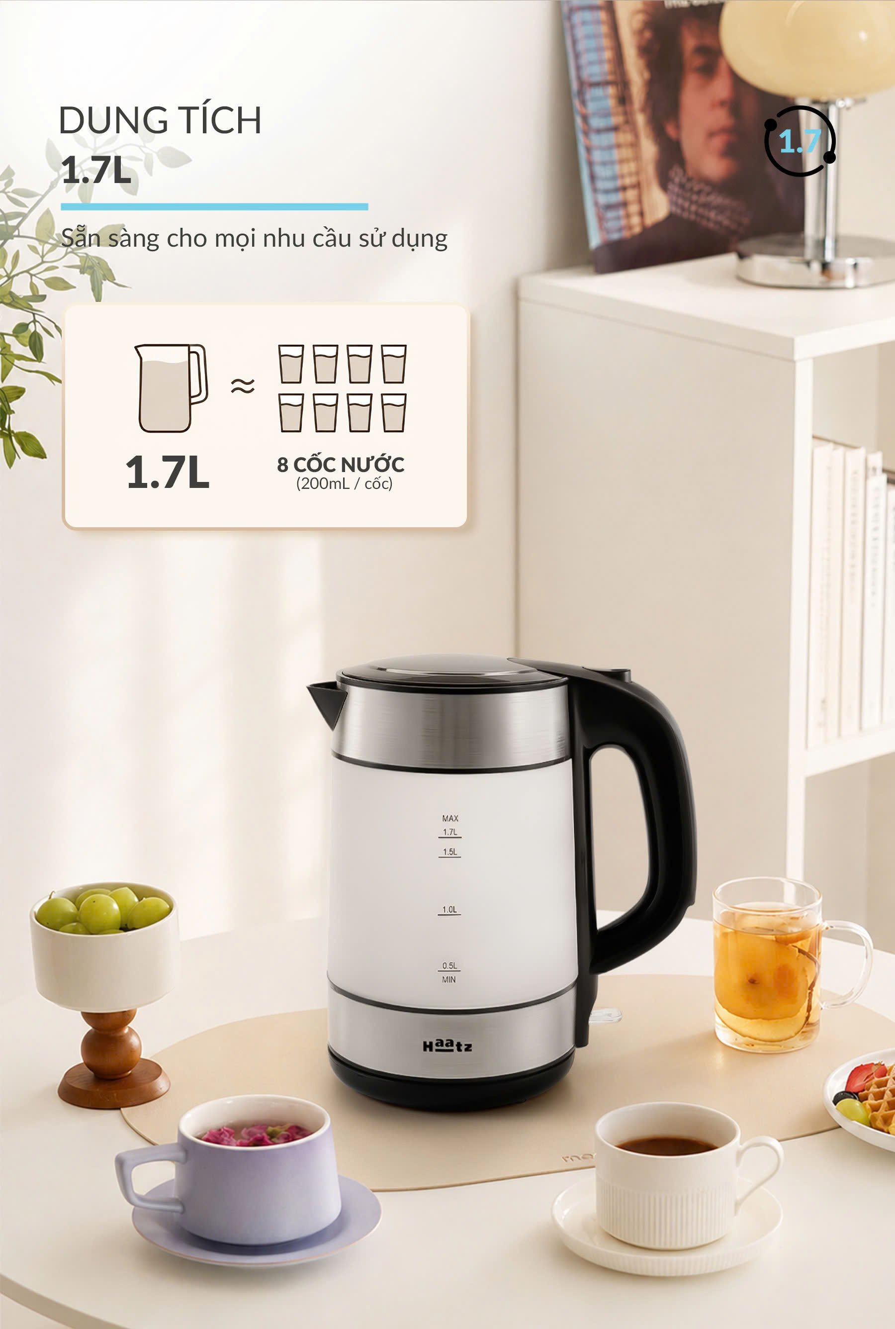 Ấm siêu tốc kính mờ chịu nhiệt cao lòng đáy bình inox 316 đun nhanh 2200w