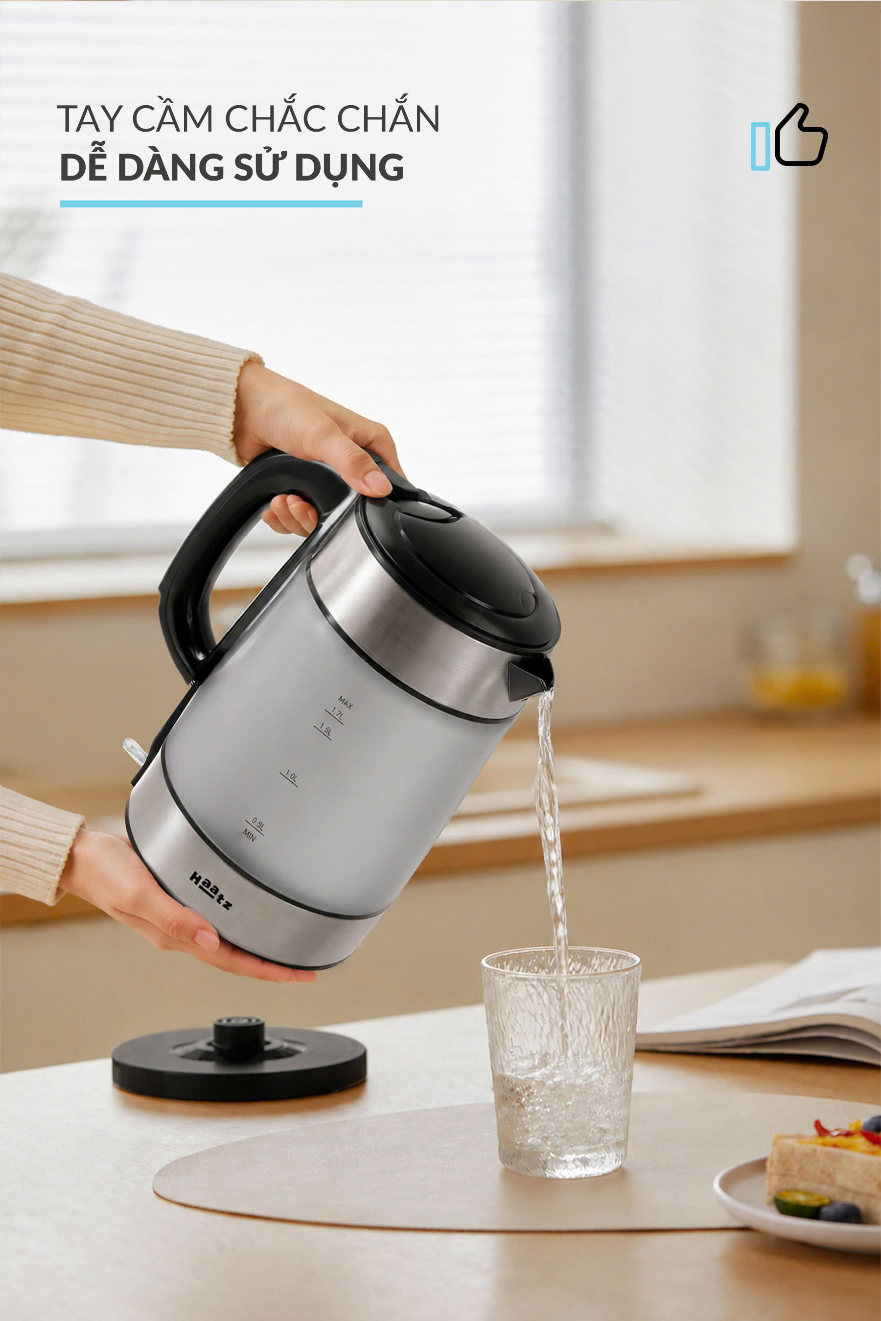 Ấm siêu tốc kính mờ chịu nhiệt cao lòng đáy bình inox 316 đun nhanh 2200w