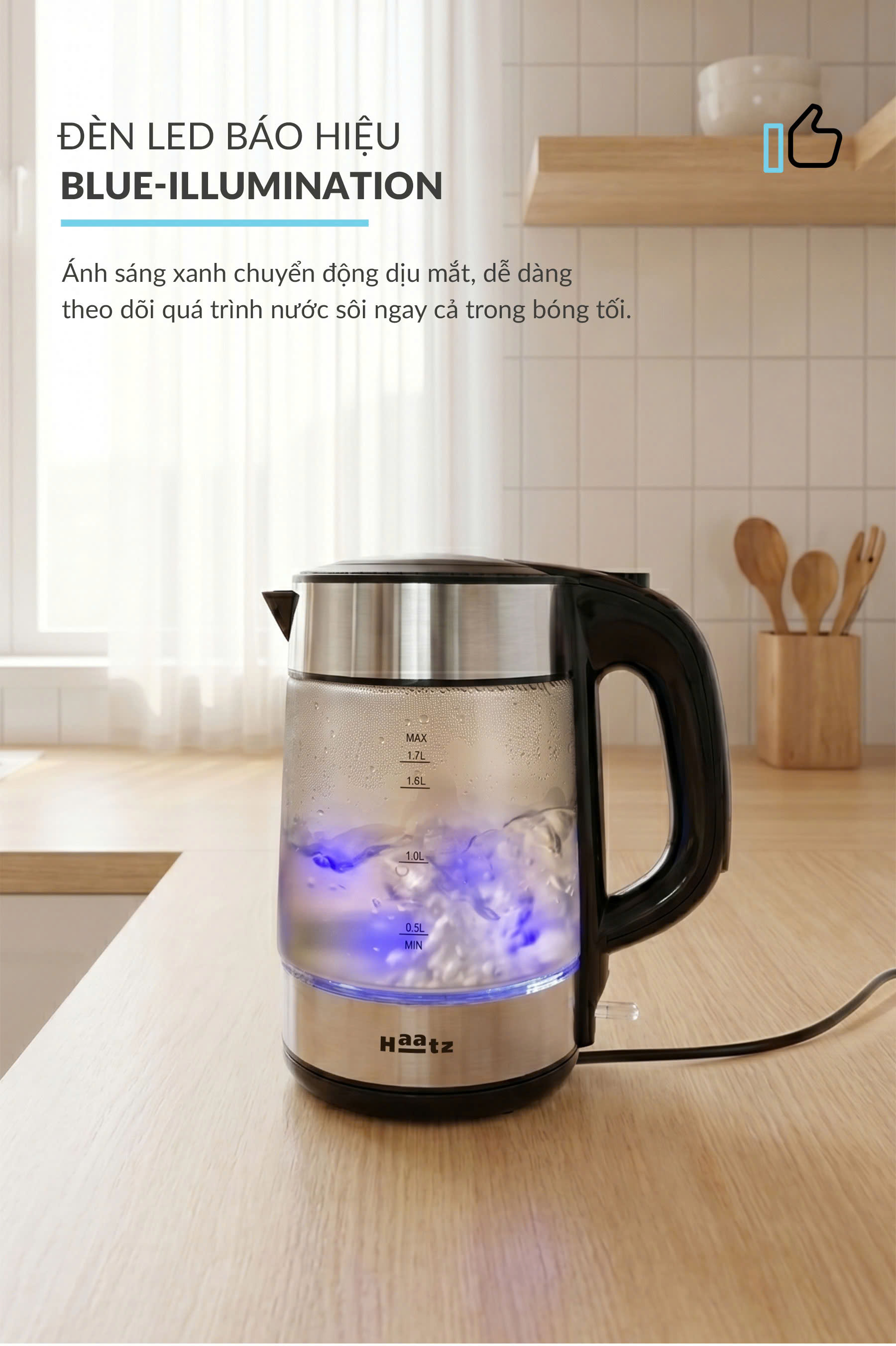 Ấm siêu tốc kính mờ chịu nhiệt cao lòng đáy bình inox 316 đun nhanh 2200w