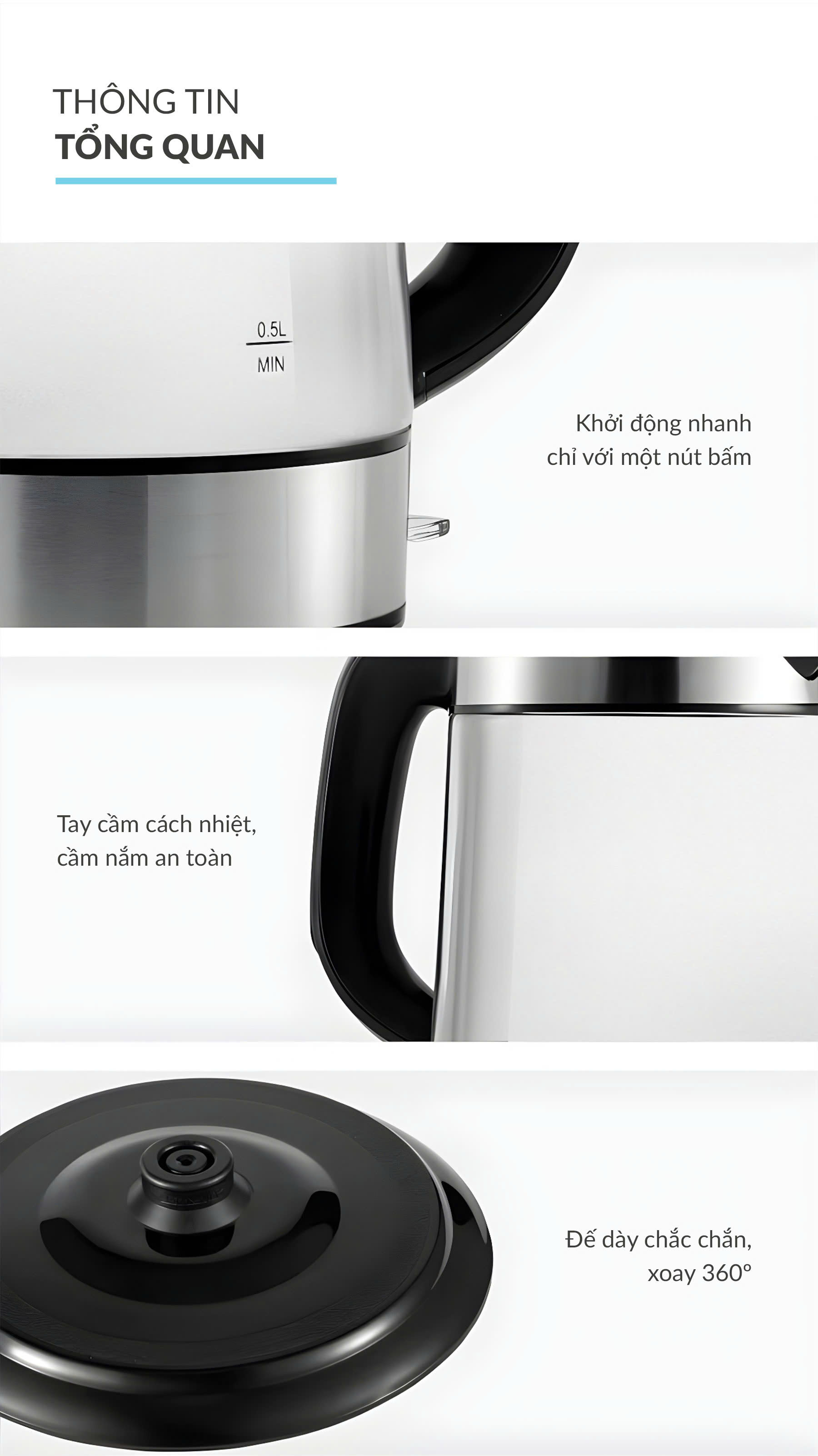 Ấm siêu tốc kính mờ chịu nhiệt cao lòng đáy bình inox 316 đun nhanh 2200w