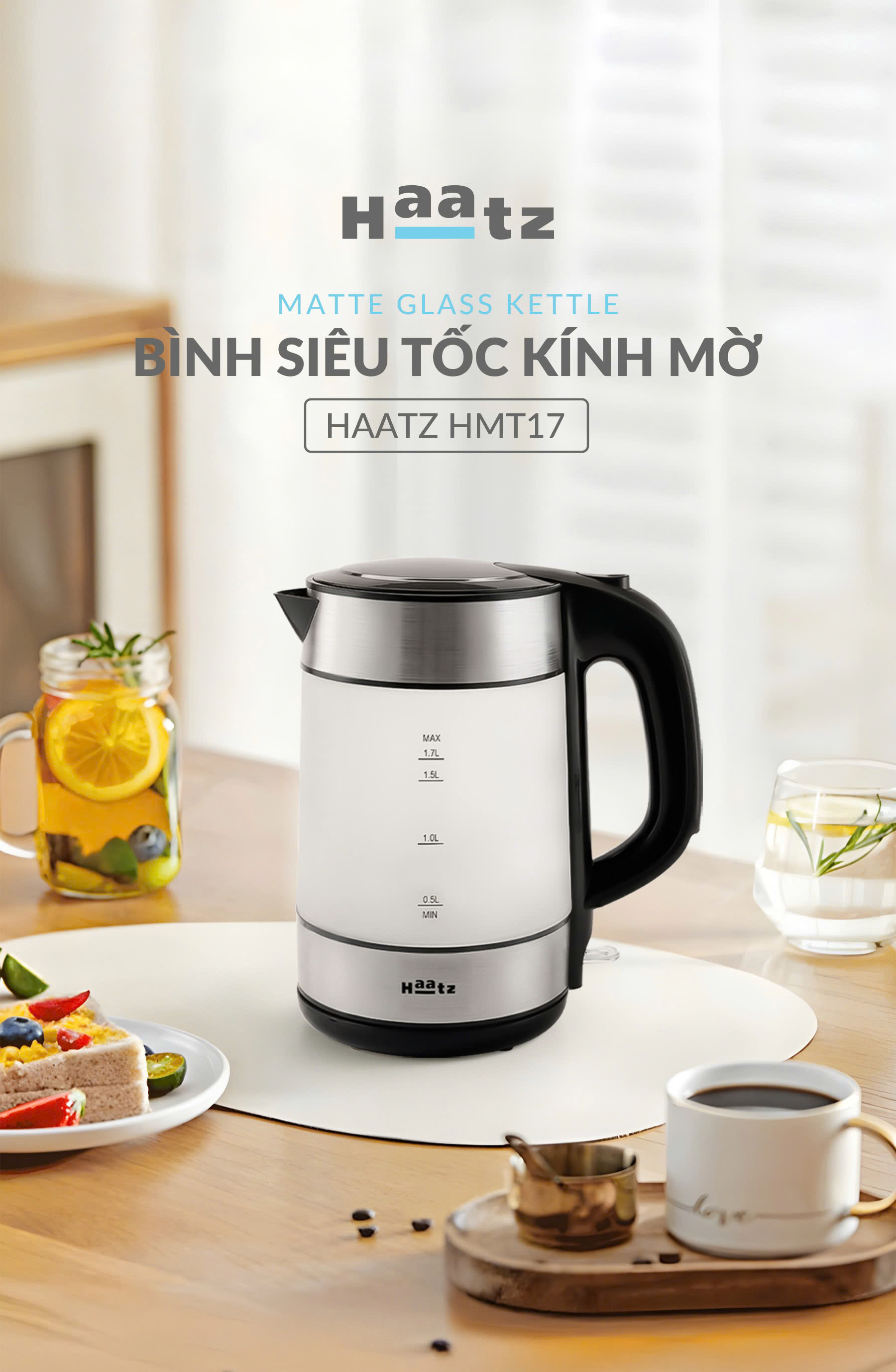 Ấm siêu tốc kính mờ chịu nhiệt cao lòng đáy bình inox 316 đun nhanh 2200w
