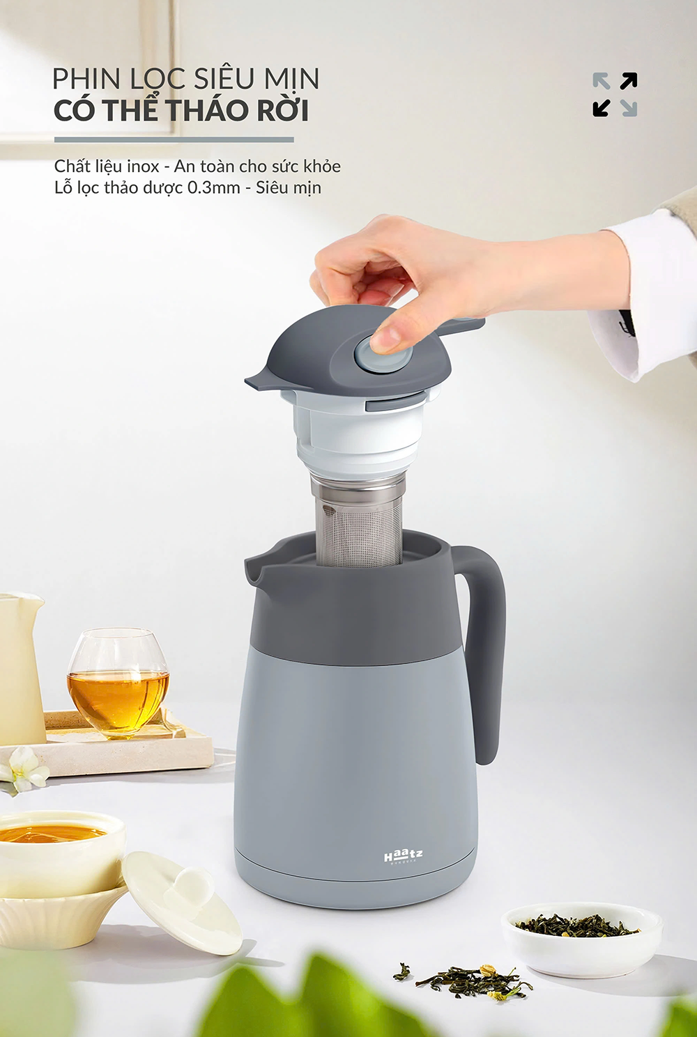 Bình ủ nhiệt pha trà Ongi Haatz inox cao cấp 316 có phin lọc dung tích 1500ml