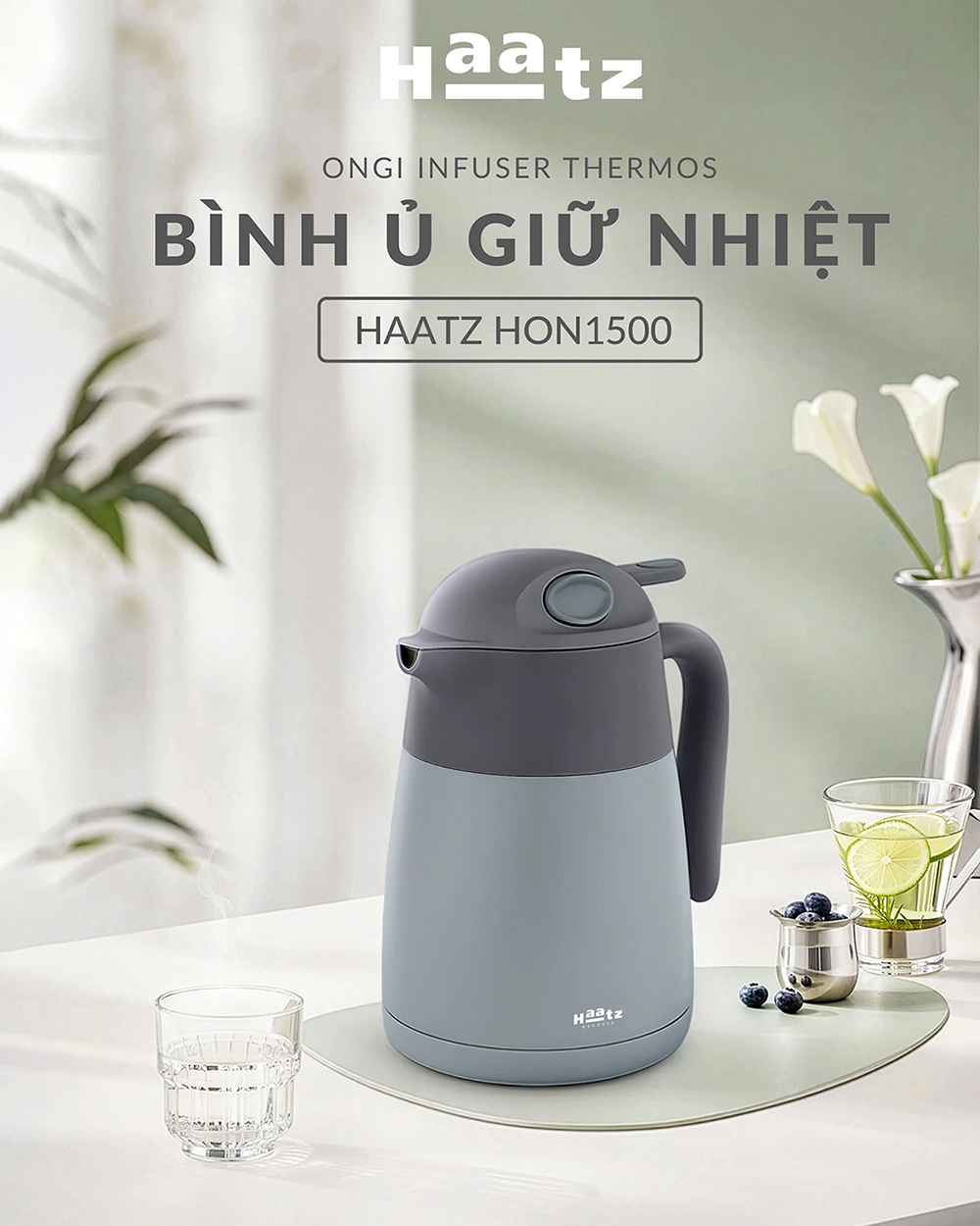 Bình ủ nhiệt pha trà Ongi Haatz inox cao cấp 316 có phin lọc dung tích 1500ml