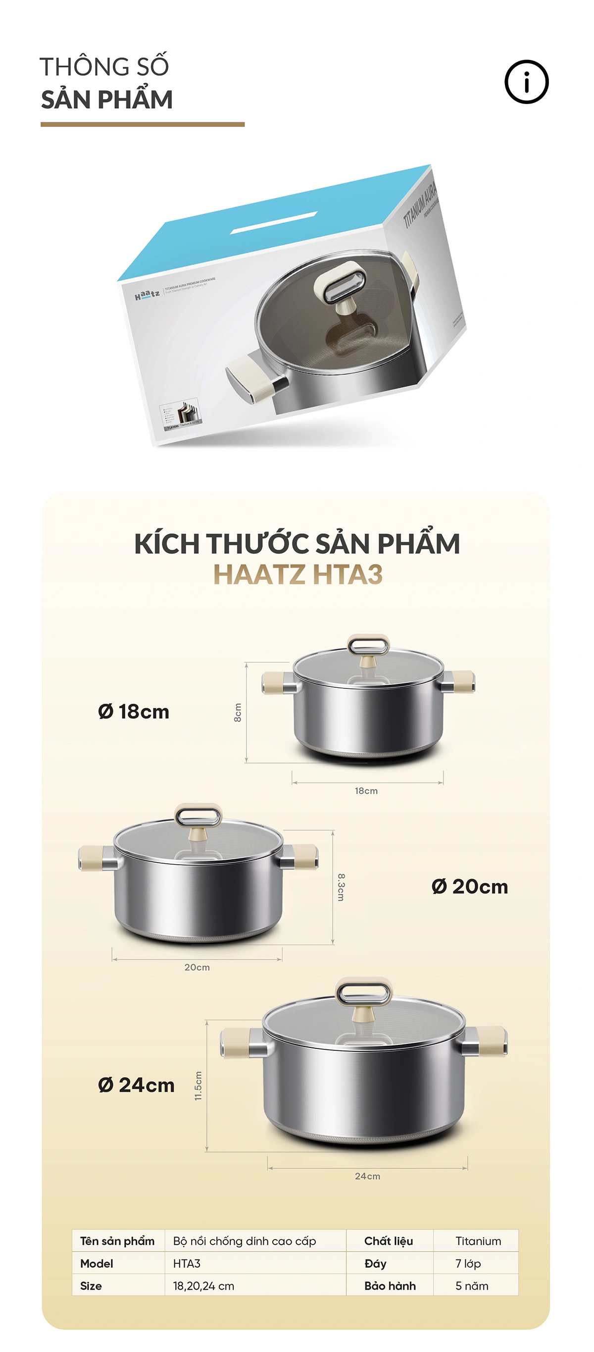 Bộ nồi Titanium Aura Haatz lòng siêu chống dính 7 lớp đáy dày dặn dùng mọi loại bếp (18cm, 20cm, 24cm)