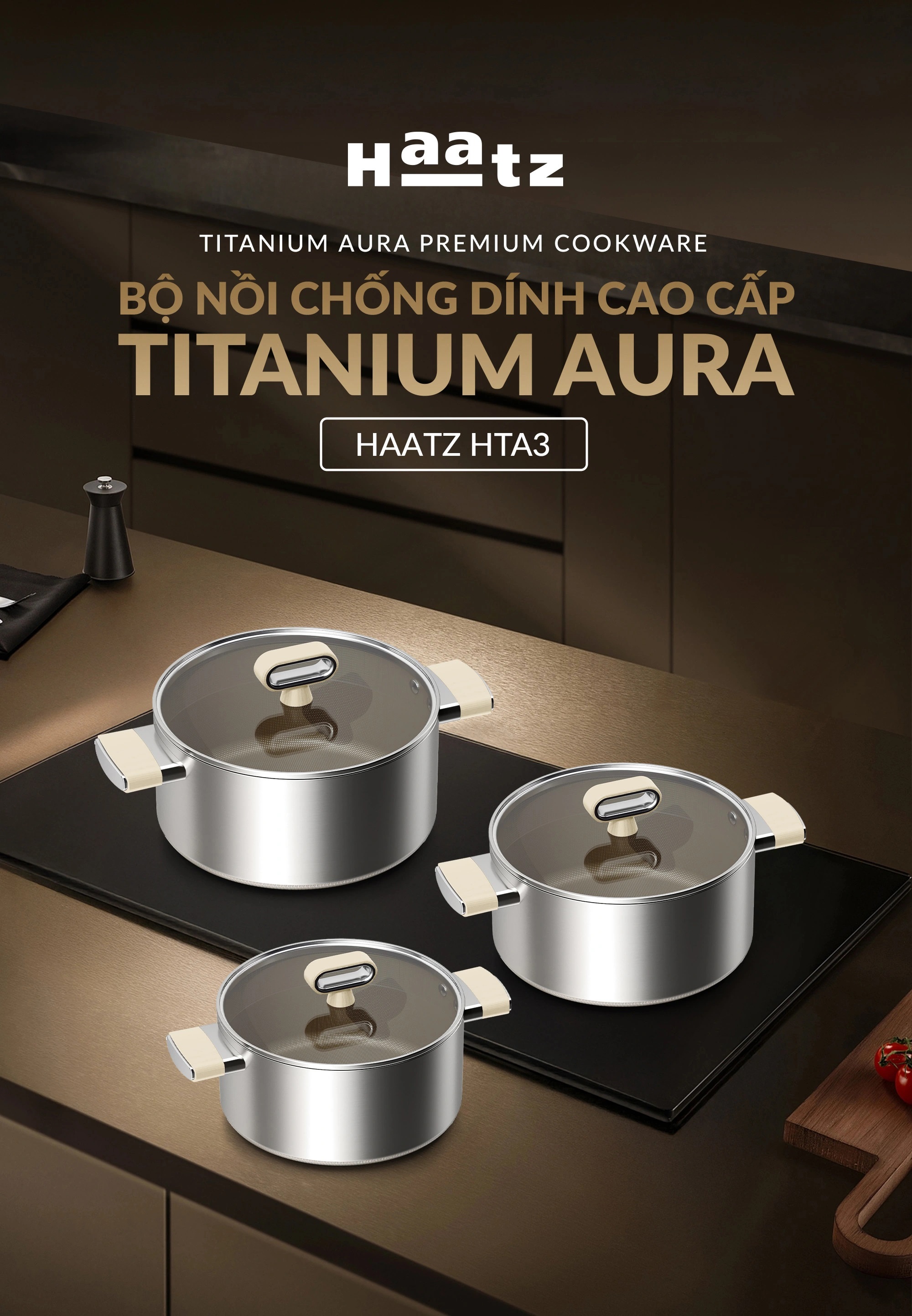 Bộ nồi Titanium Aura Haatz lòng siêu chống dính 7 lớp đáy dày dặn dùng mọi loại bếp (18cm, 20cm, 24cm)