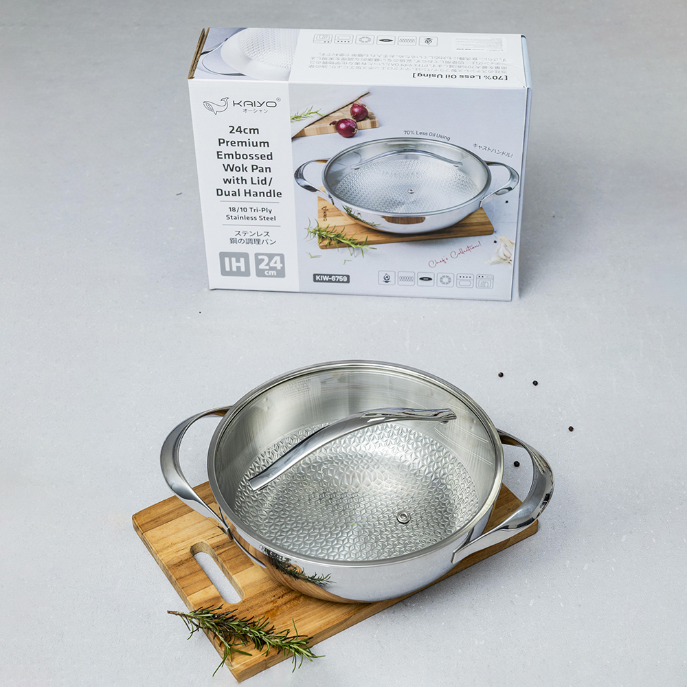 Nồi lẩu - chảo đúc inox 304 3 lớp đáy liền dập nổi Kaiyo sâu lòng 2 tay cầm vung kính size 24cm, 28cm