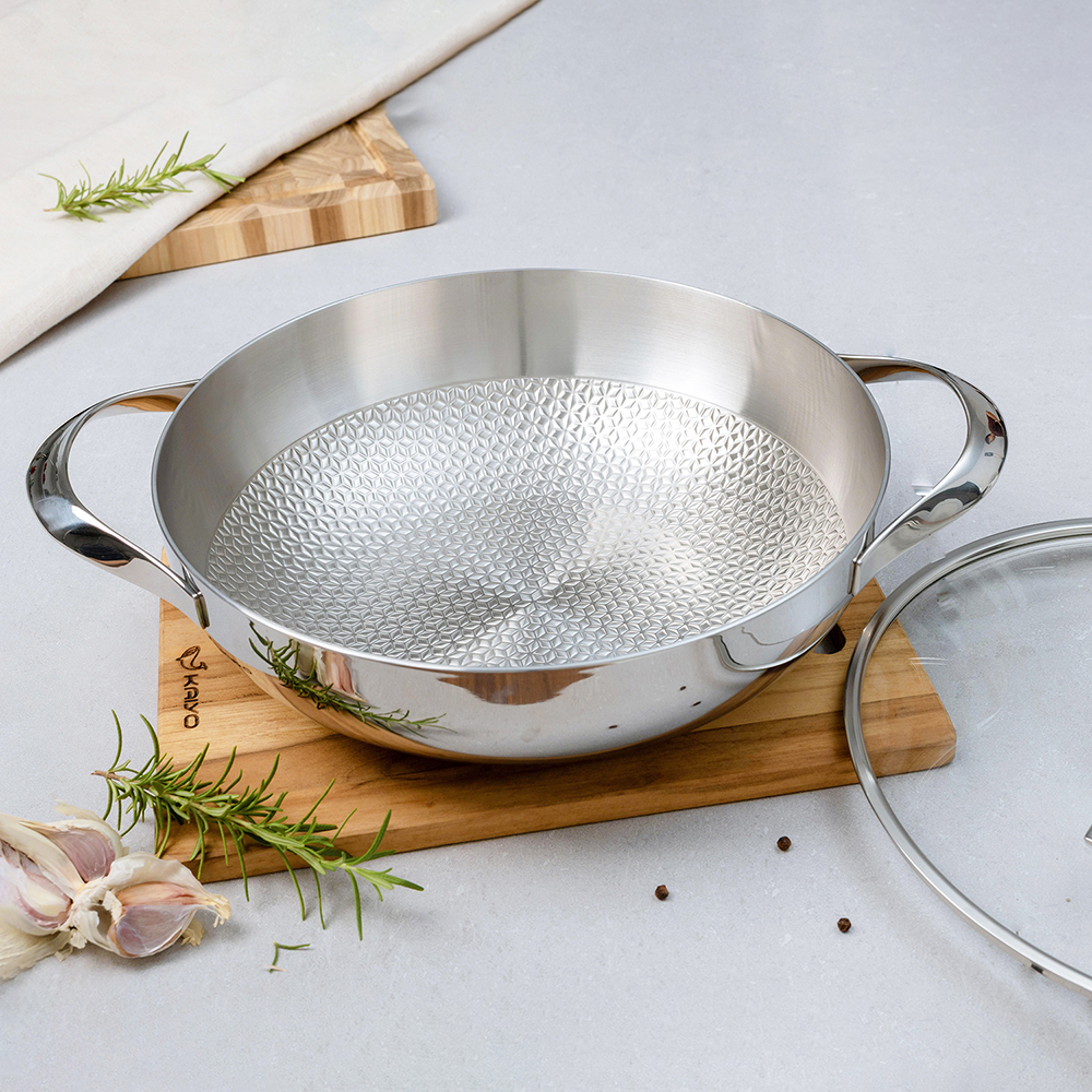 Nồi lẩu - chảo đúc inox 304 3 lớp đáy liền dập nổi Kaiyo sâu lòng 2 tay cầm vung kính size 24cm, 28cm