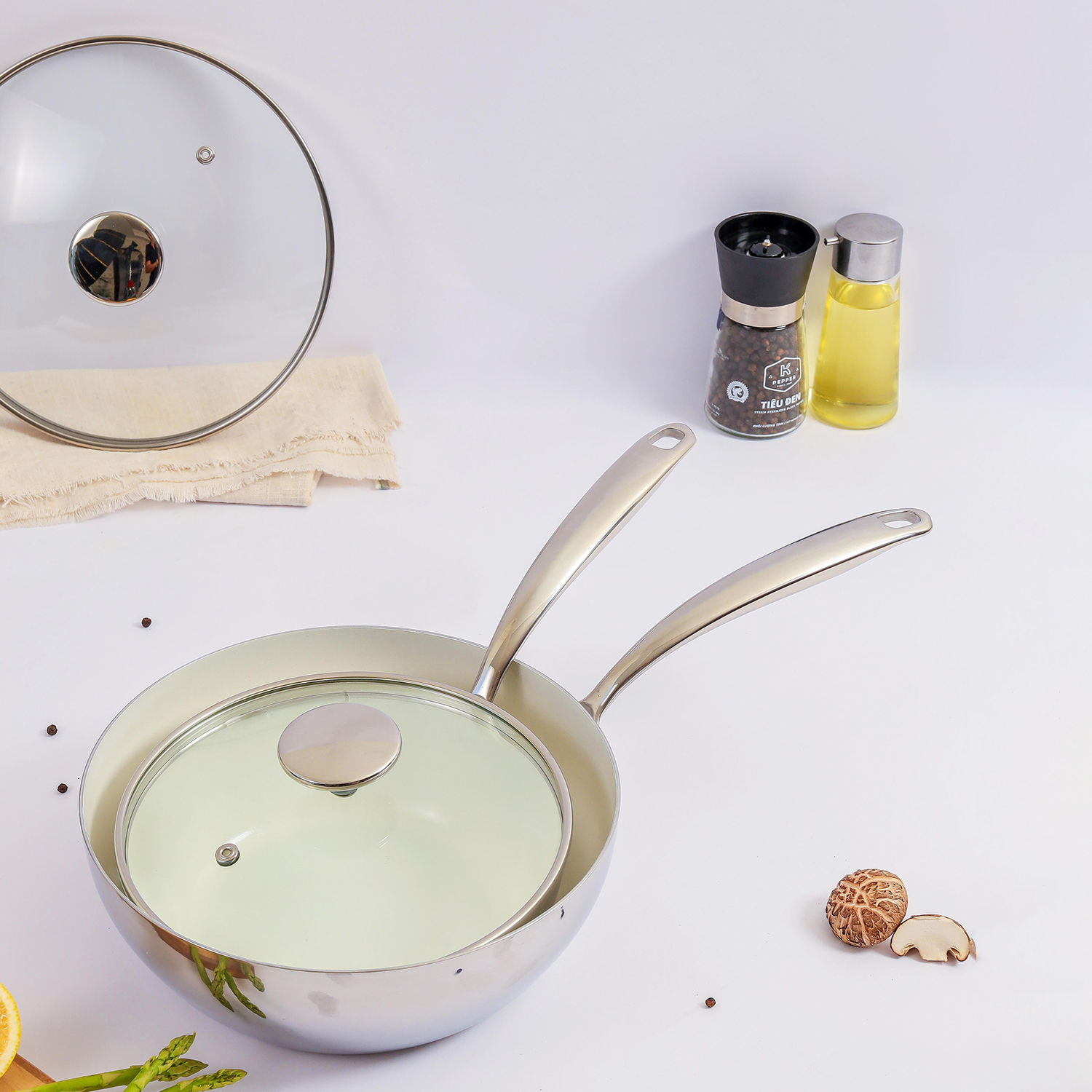 Chảo inox đúc nguyên khối thân đáy liền 5 lớp phủ chống dính ceramic Kaiyo