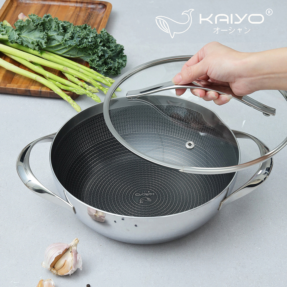 Chảo 2 tay - Nồi lẩu inox 18/10 chống dính hoa văn nổi KAIYO Quantinium Silver Crown 24cm - 28cm