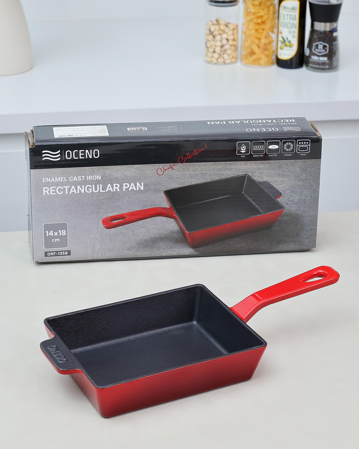 Chảo gang Oceno hình chữ nhật, size 14x18cm, màu đỏ mã OFR-1358