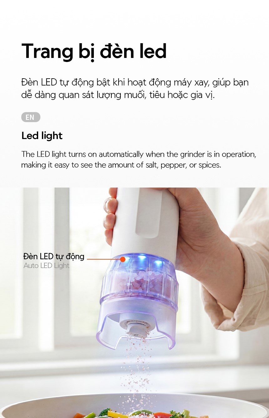 Máy xay tiêu & muối cốc đôi LocknLock 1 chạm CKO119WHT dùng pin sạc