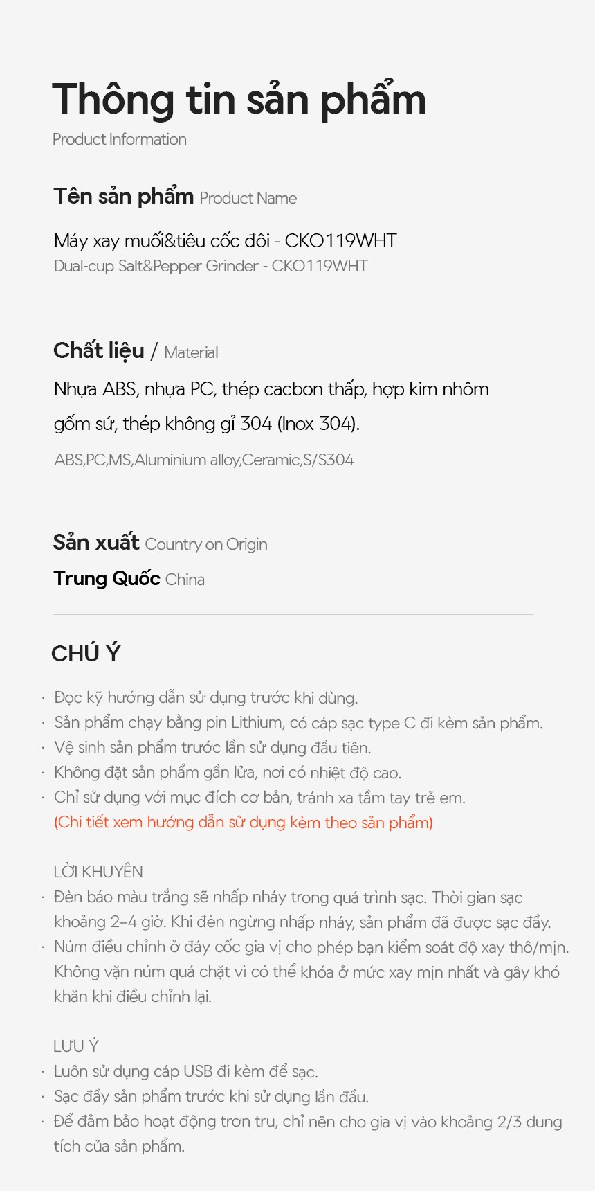 Máy xay tiêu & muối cốc đôi LocknLock 1 chạm CKO119WHT dùng pin sạc