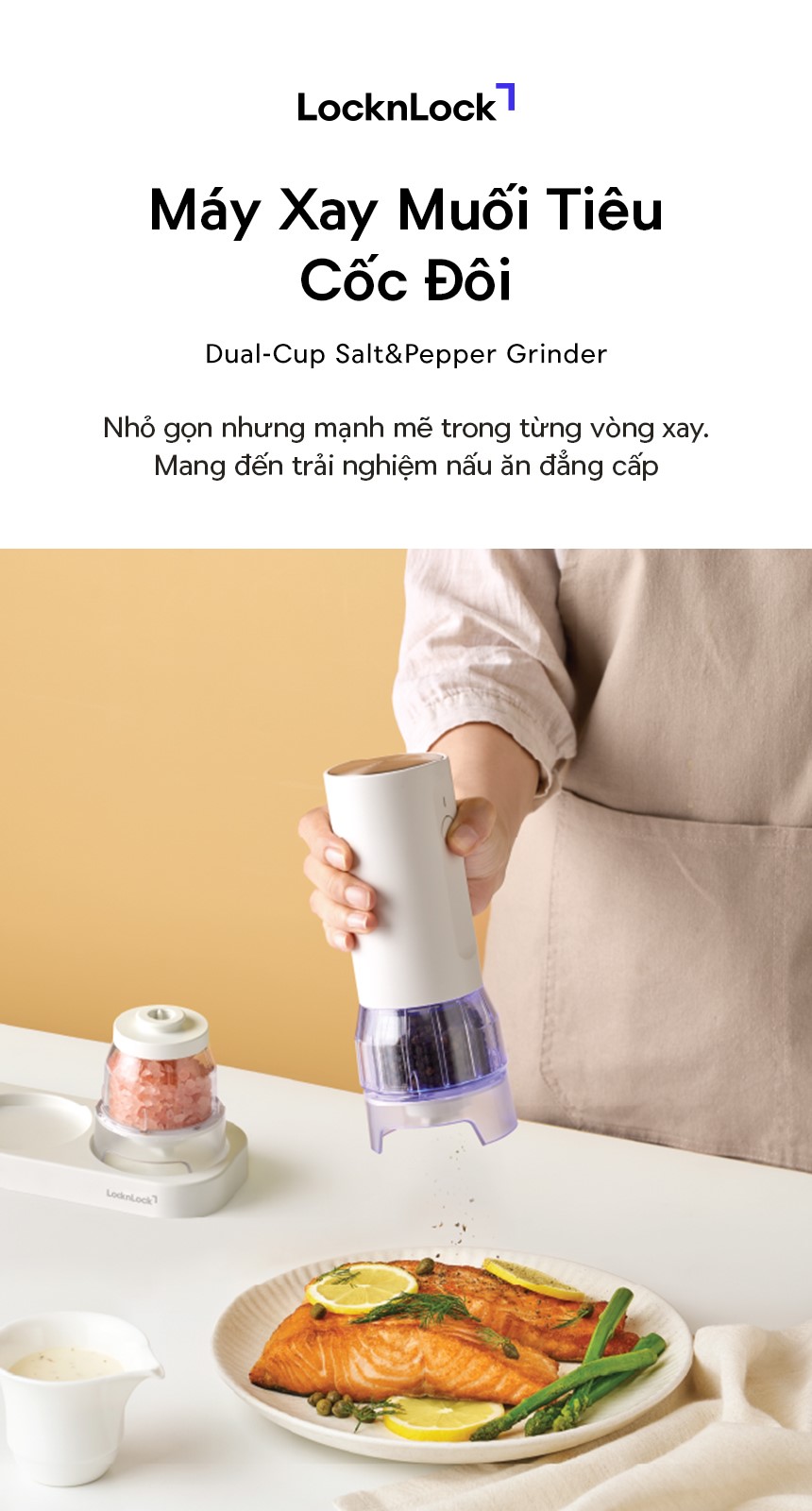 Máy xay tiêu & muối cốc đôi LocknLock 1 chạm CKO119WHT dùng pin sạc