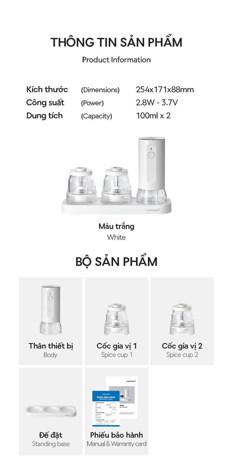 Máy xay tiêu & muối cốc đôi LocknLock 1 chạm CKO119WHT dùng pin sạc