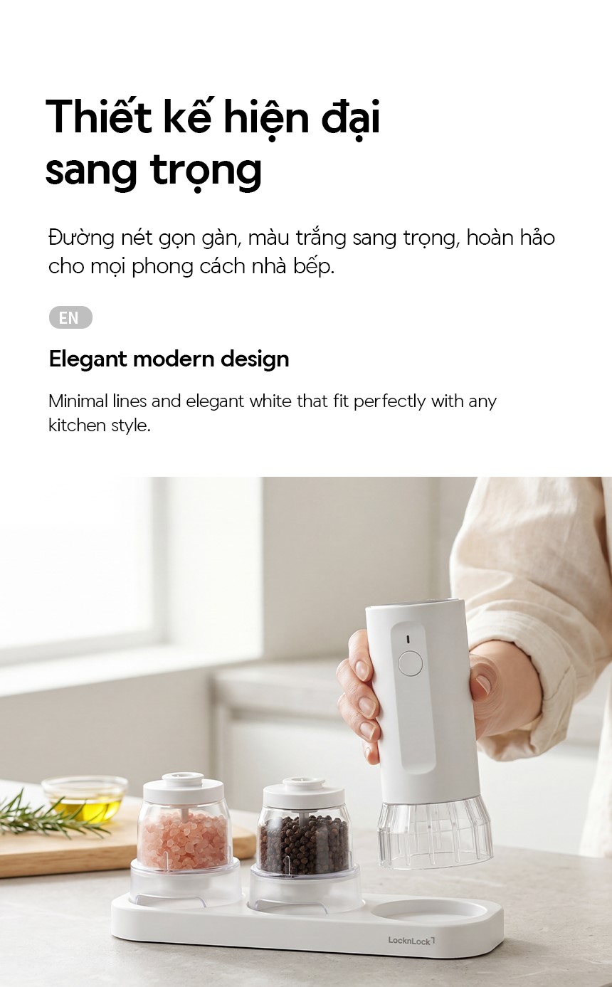 Máy xay tiêu & muối cốc đôi LocknLock 1 chạm CKO119WHT dùng pin sạc