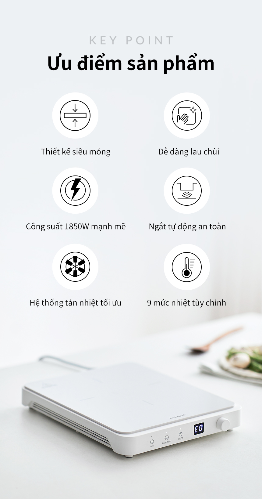 Bếp điện từ LocknLock Bianco Slim Induction Cooker 1850w EJI146WHT