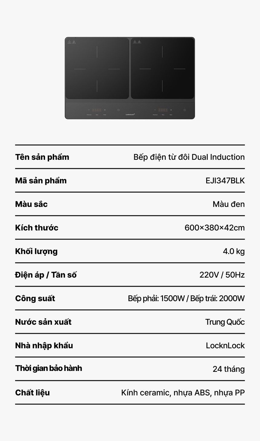 Bếp Điện Từ Đôi Locknlock Dual Induction Cooktop EJI347BLK