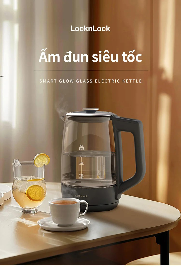 Ấm siêu tốc LocknLock thủy tinh Borosilicate EJK276GRY