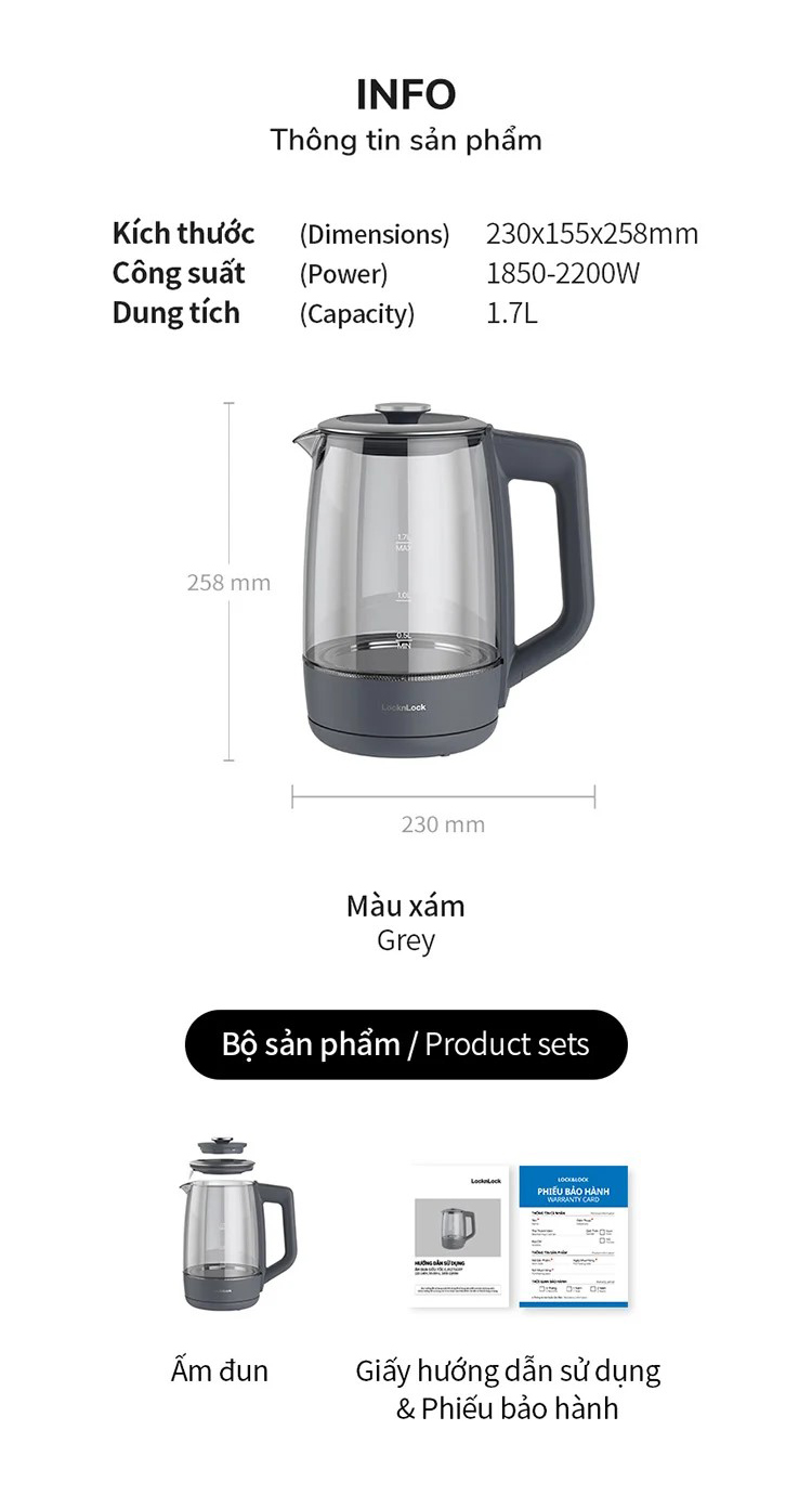 Ấm siêu tốc LocknLock thủy tinh Borosilicate EJK276GRY