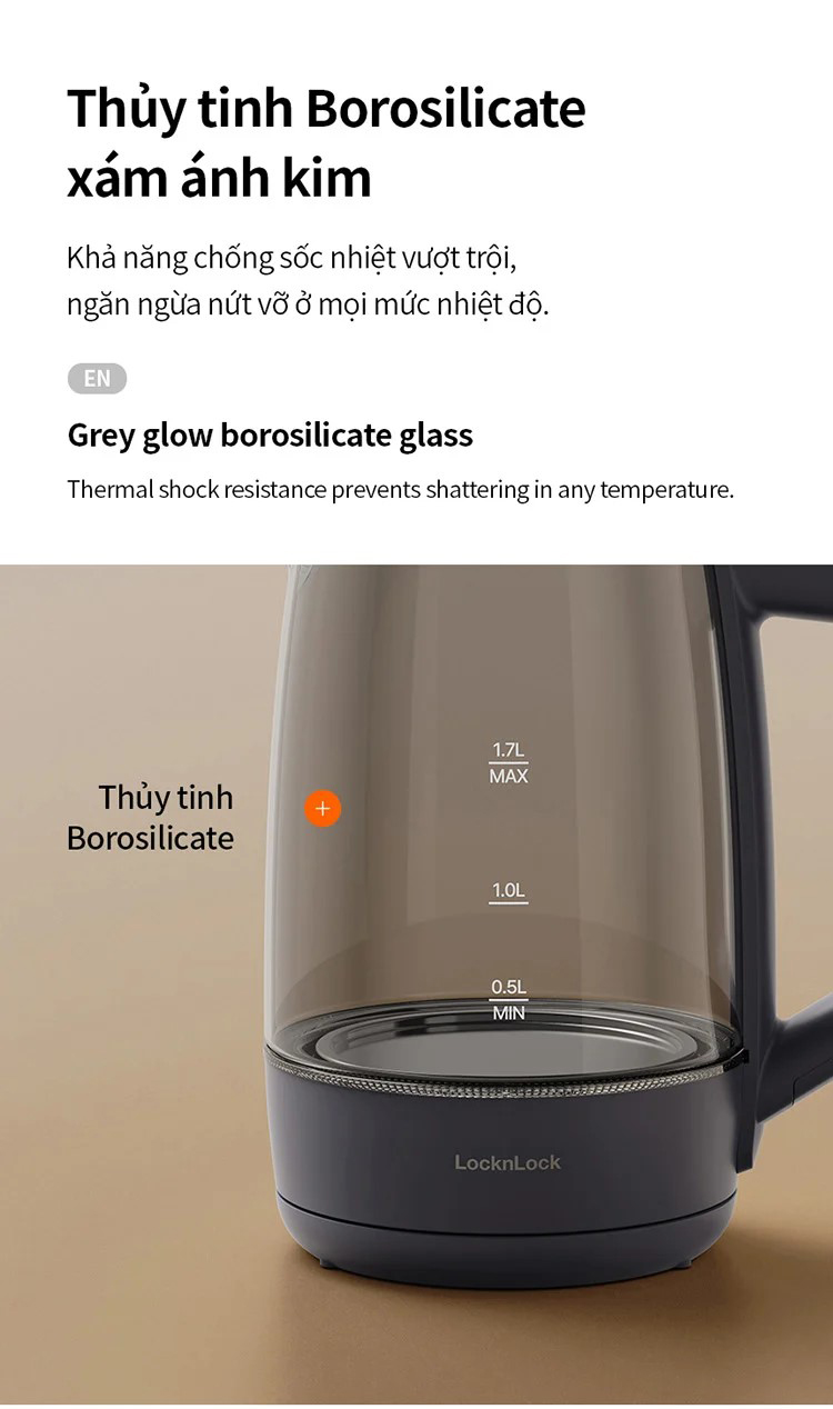 Ấm siêu tốc LocknLock thủy tinh Borosilicate EJK276GRY