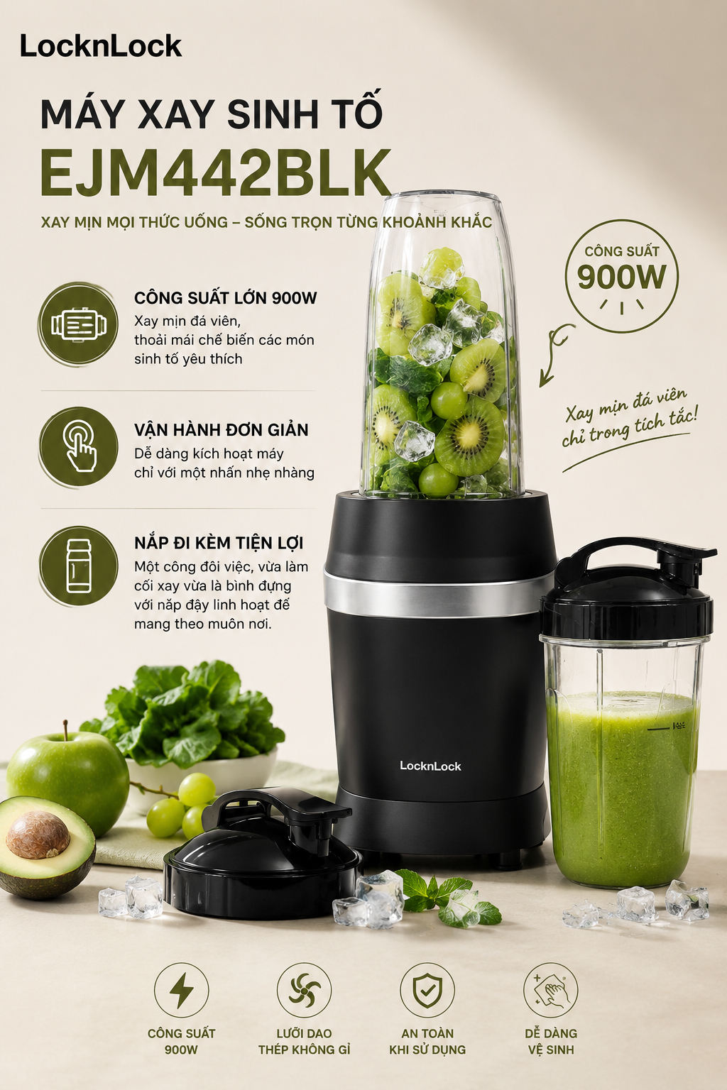 Máy xay sinh tố LocknLock Duo Turbo Blender EJM442BLK 900w 