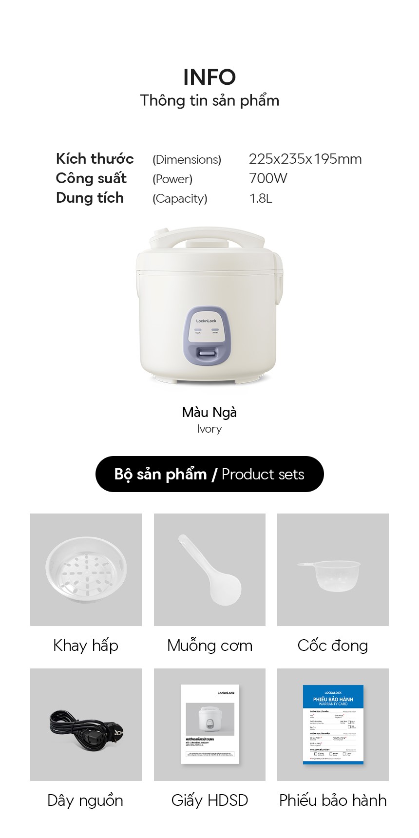 Nồi cơm điện LocknLock 700W, 1.8L Màu ngà EJR462IVY