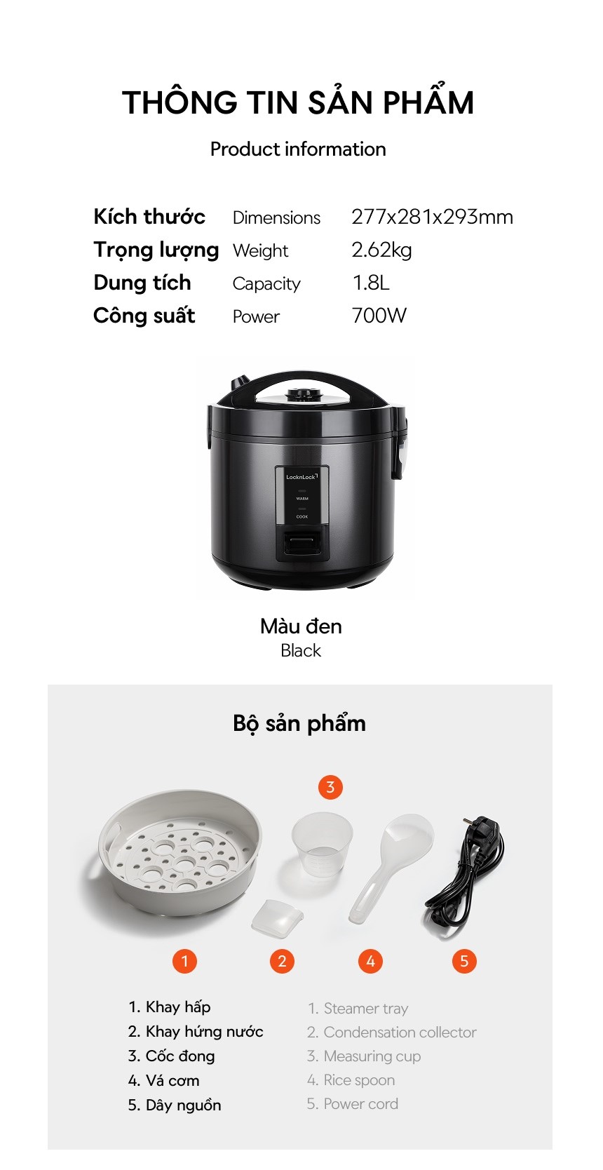 Nồi cơm điện LocknLock Daily Rice Cooker EJR472BLK dung tích 1.8L - Màu đen