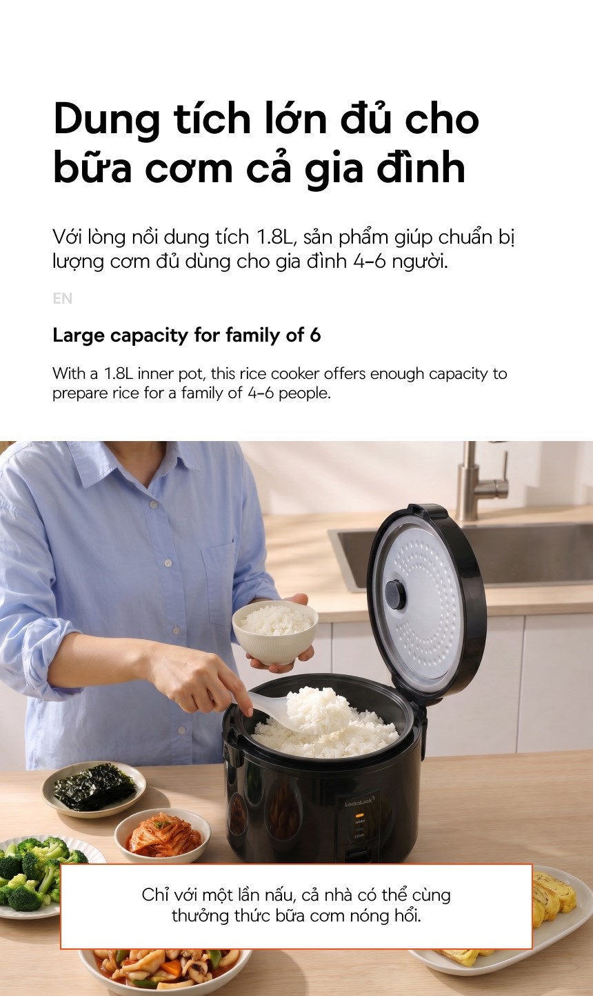 Nồi cơm điện LocknLock Daily Rice Cooker EJR472BLK dung tích 1.8L - Màu đen
