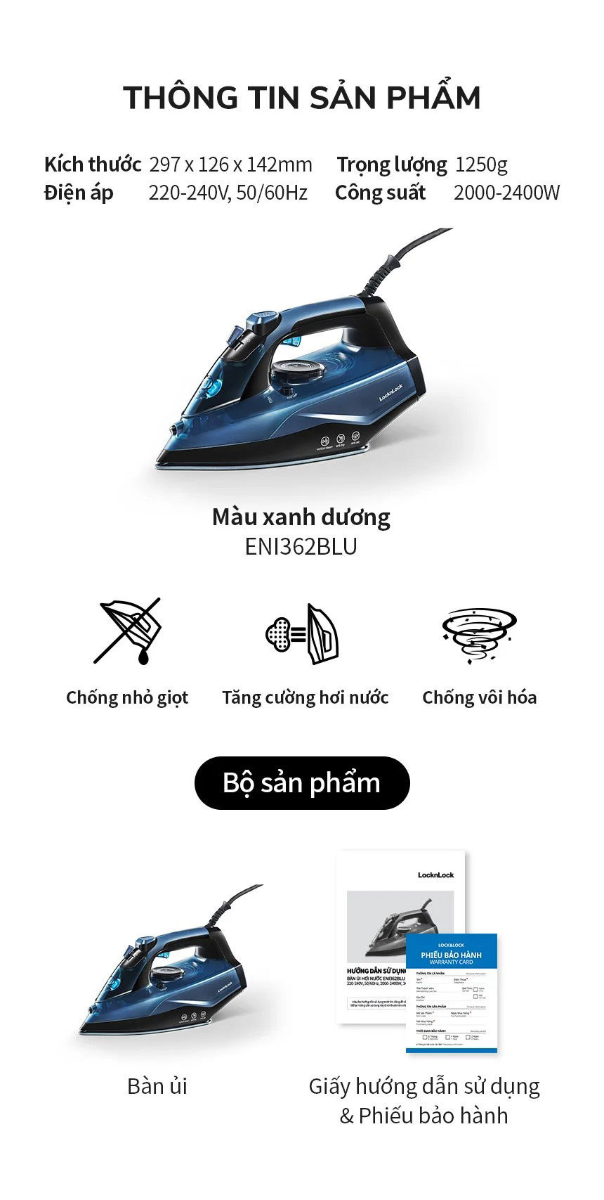 Bàn ủi | bàn là hơi nước LocknLock ENI362BLU công suất 2400w