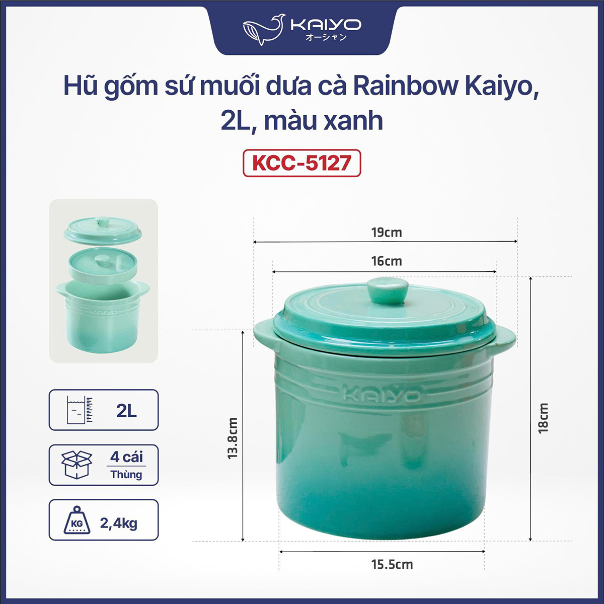 Hũ gốm sứ muối dưa cà Rainbow Kaiyo dung tích 2 lít