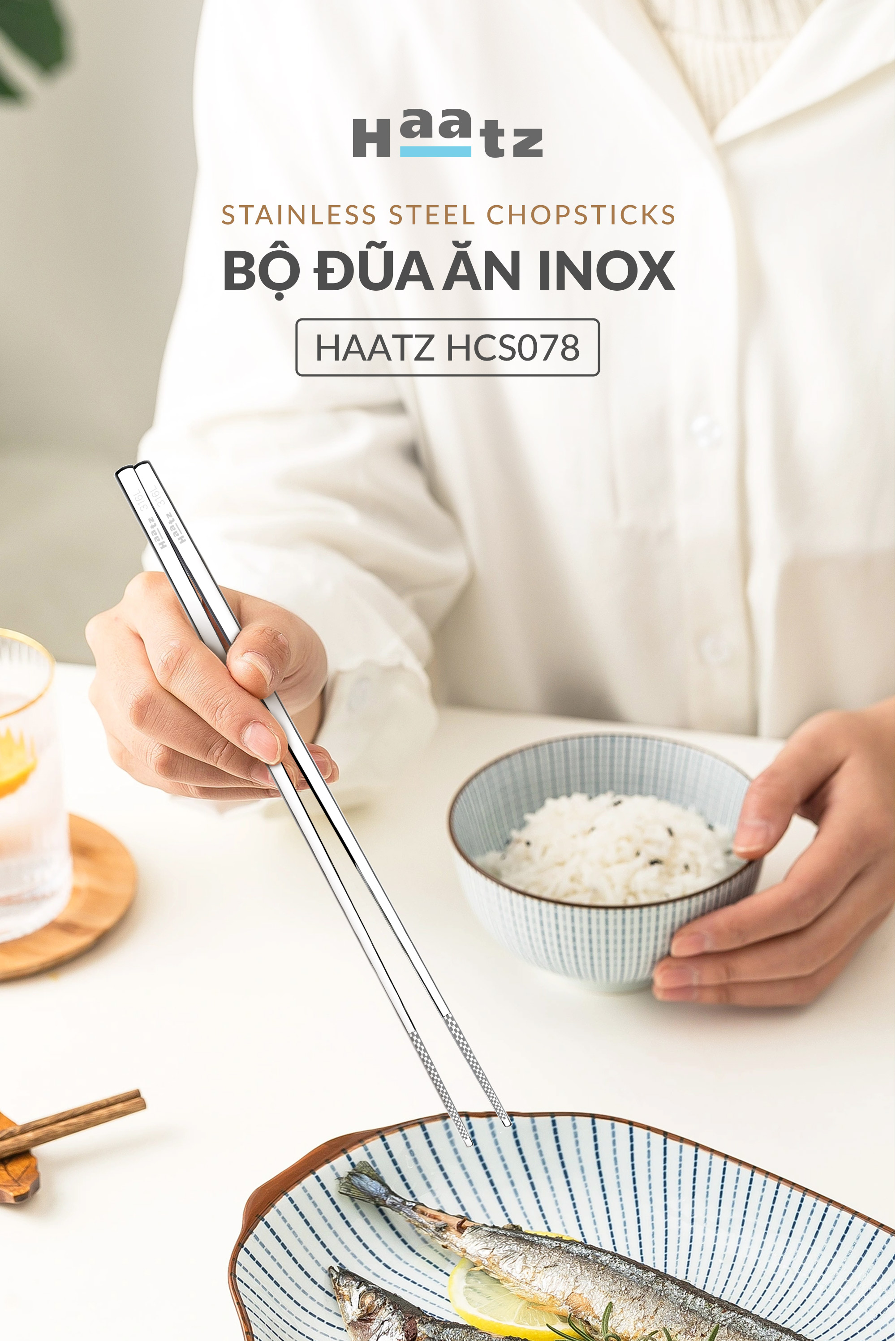 Hộp 5 đôi đũa HAATZ inox 316 công nghệ phủ Ag+