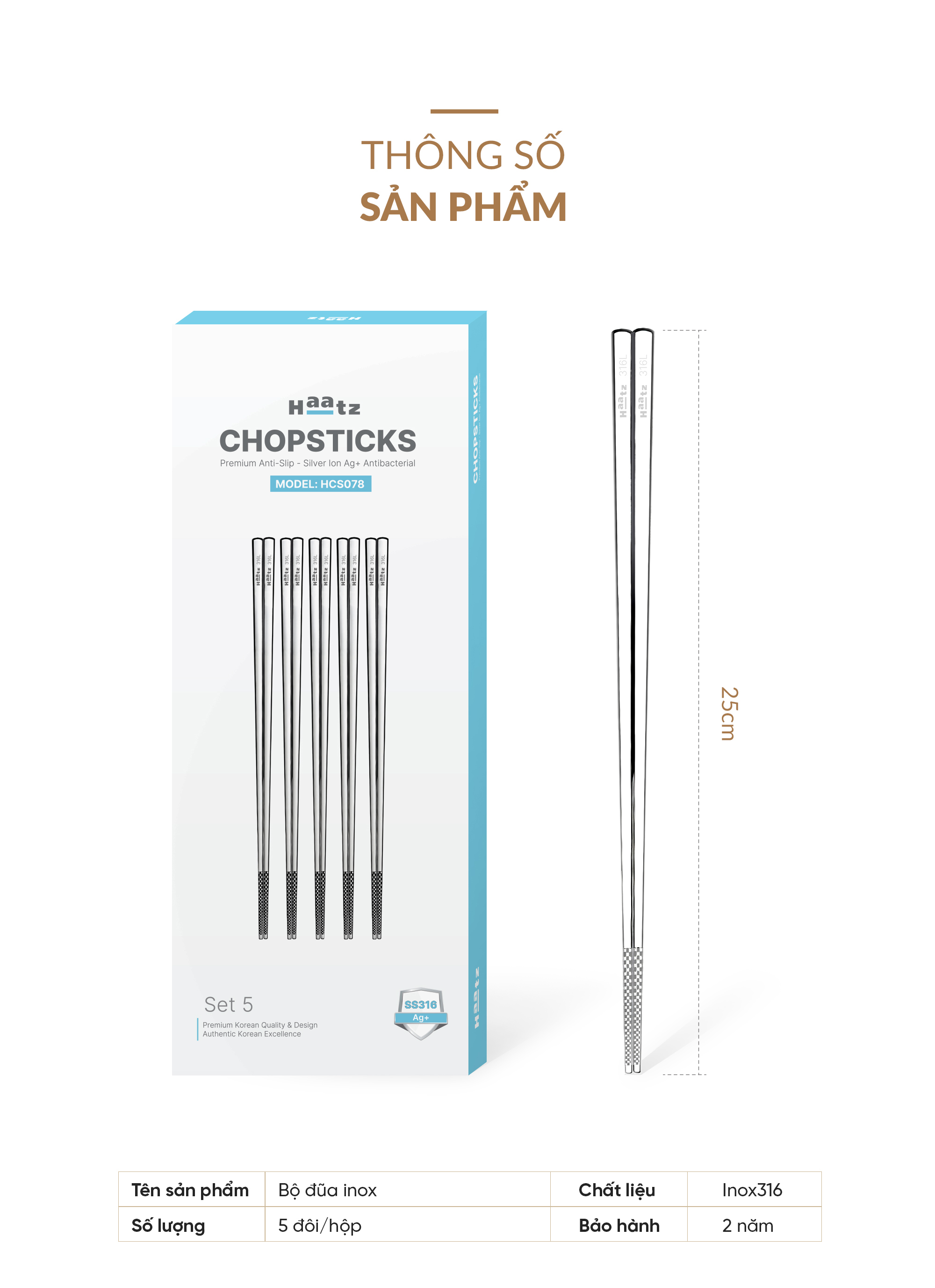 Hộp 5 đôi đũa HAATZ inox 316 công nghệ phủ Ag+