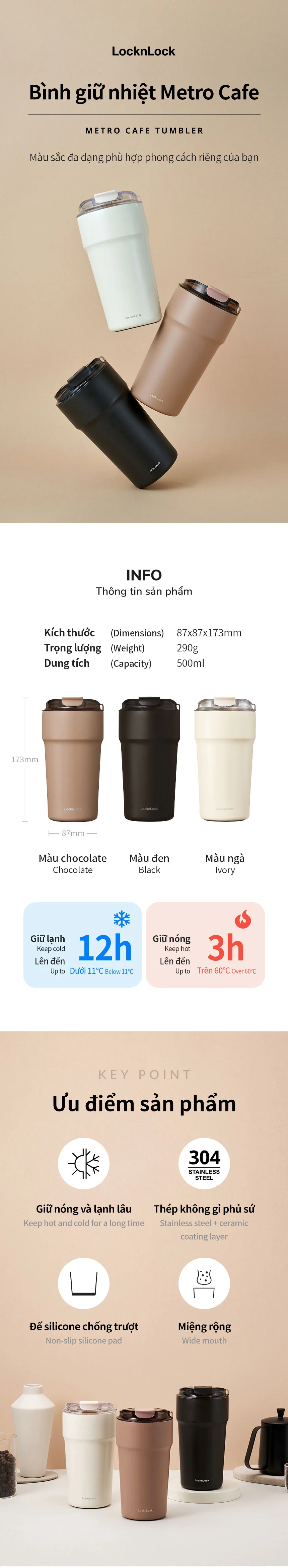 Bình giữ nhiệt LocknLock Metro Cafe LHC4359 - 650ml | LHC4357 - 500ml lòng phủ sứ giữ nguyên hương vị đồ uống