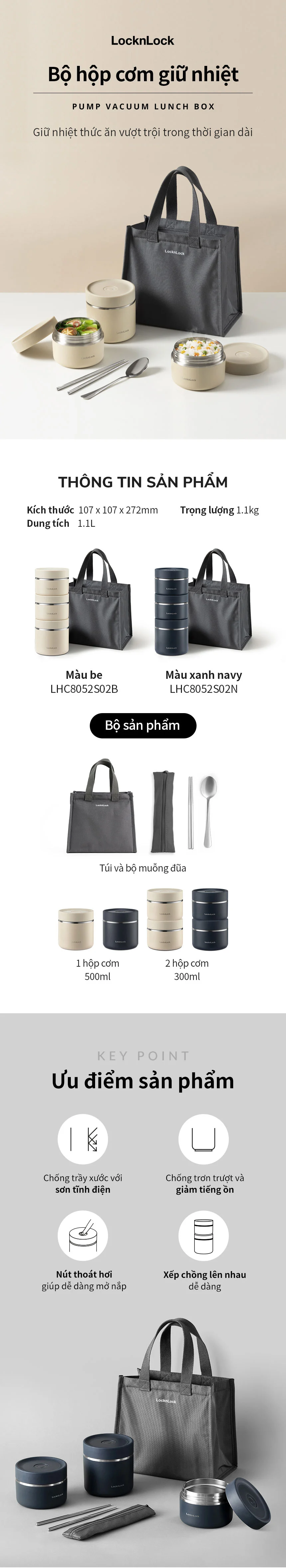 Bộ hộp cơm giữ nhiệt LocknLock LHC8052S02N