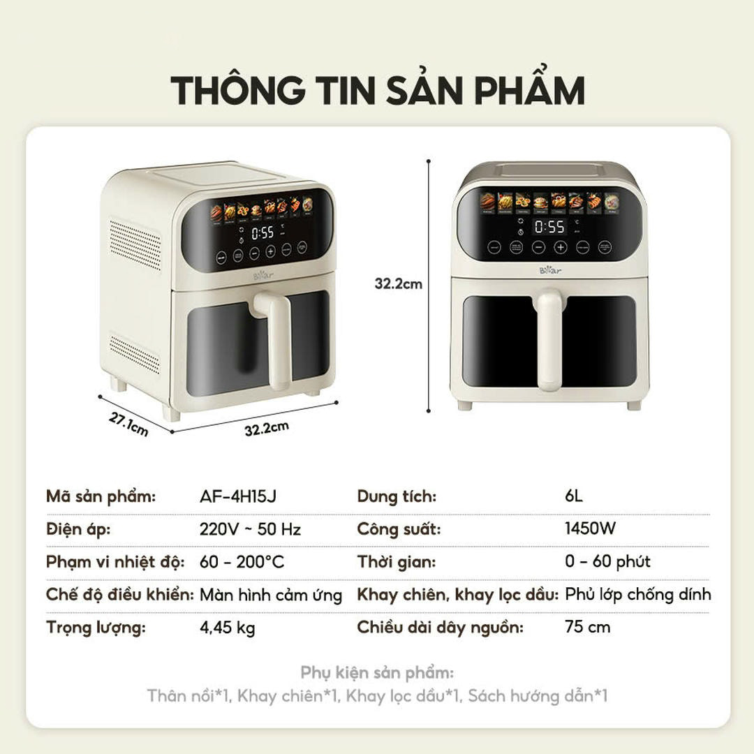 Noi chien khong dau Bear  Bear AF-4H15J 6 lít