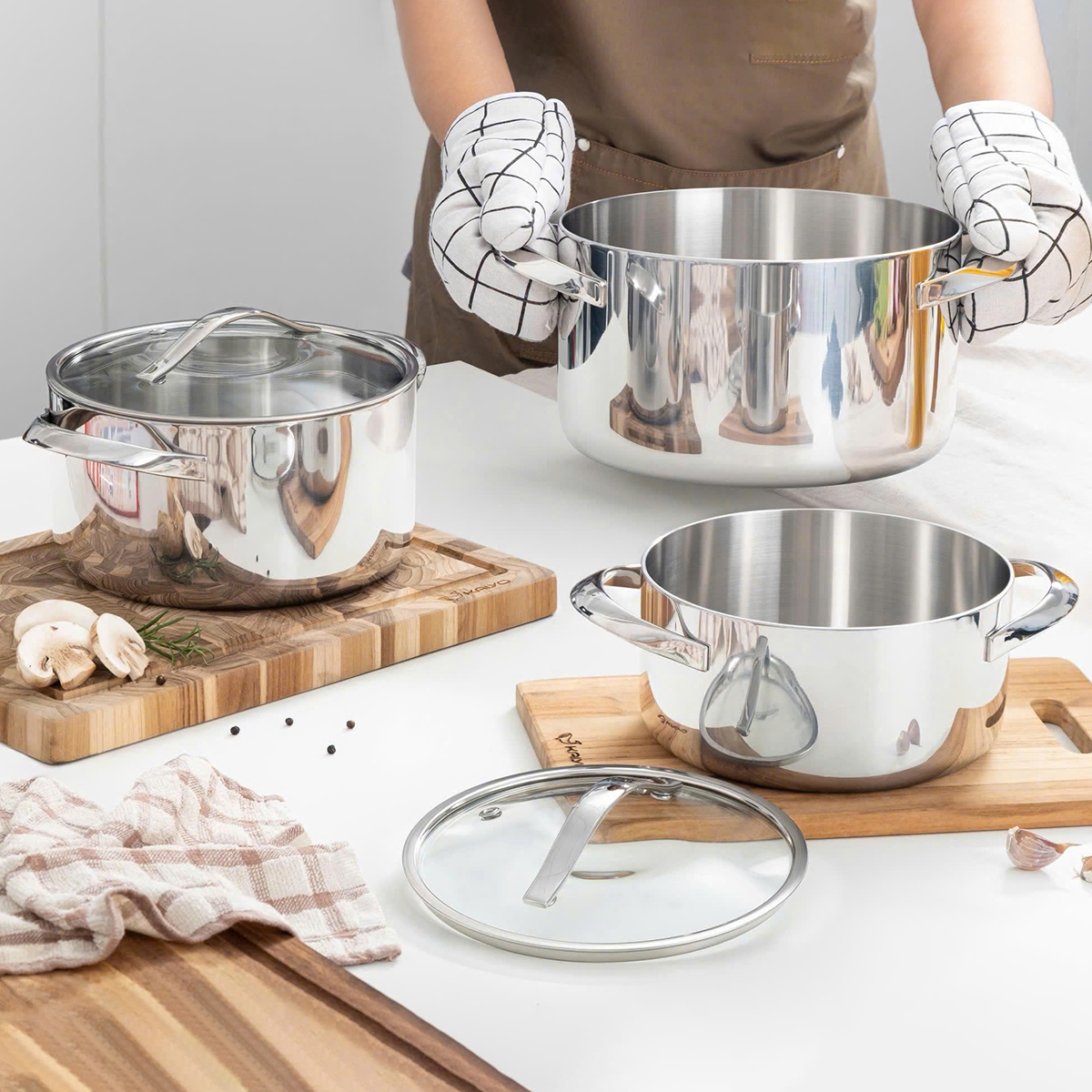 Bộ nồi inox 18/10 KAIYO thân đáy liền Tri-Ply Silver Crown 