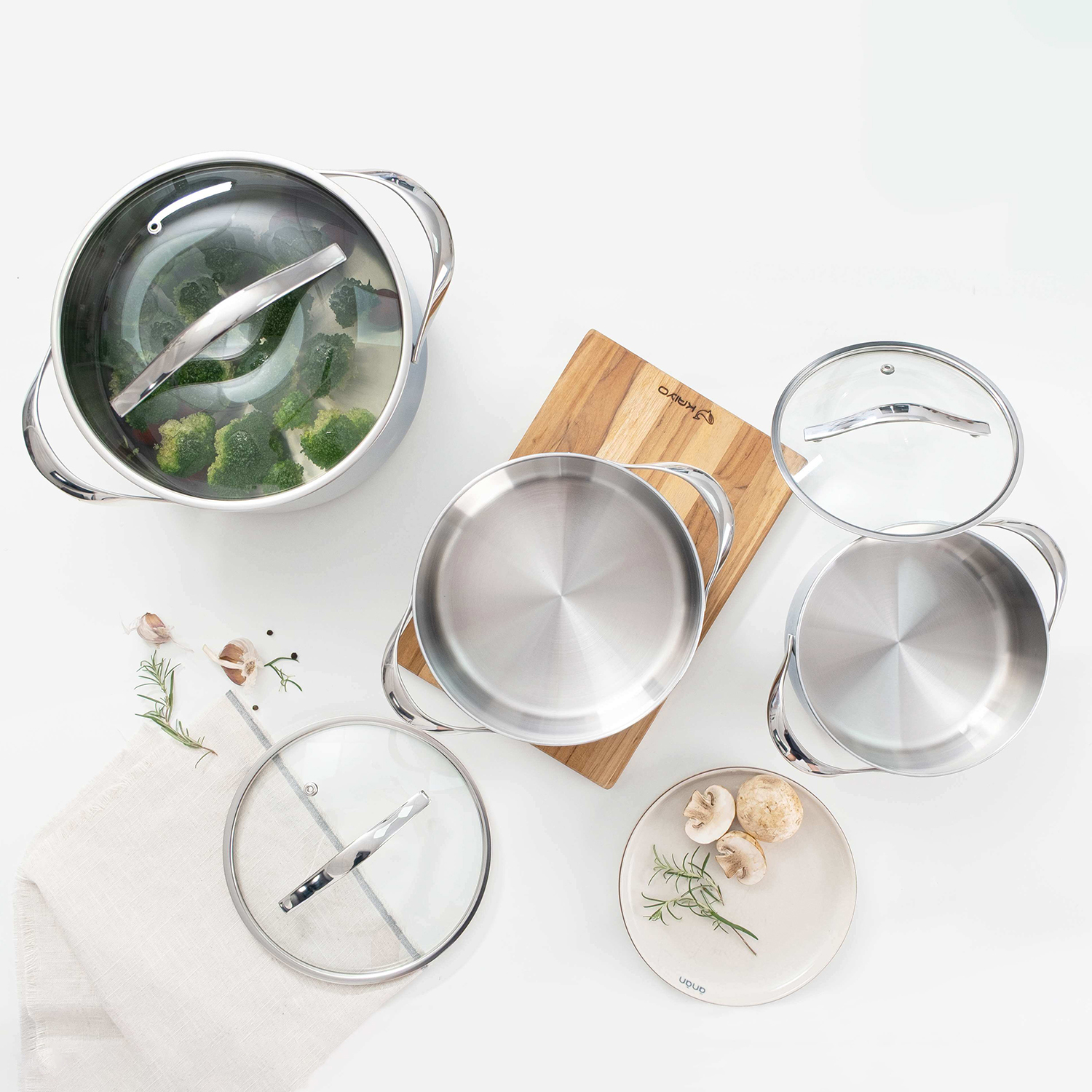 Bộ nồi inox 18/10 KAIYO thân đáy liền Tri-Ply Silver Crown 