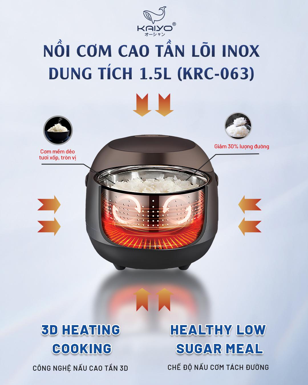 Nồi cơm cao tần lòng nồi inox 304 Kaiyo dung tích 1,5L kèm chức năng nấu tách đường KRC-063