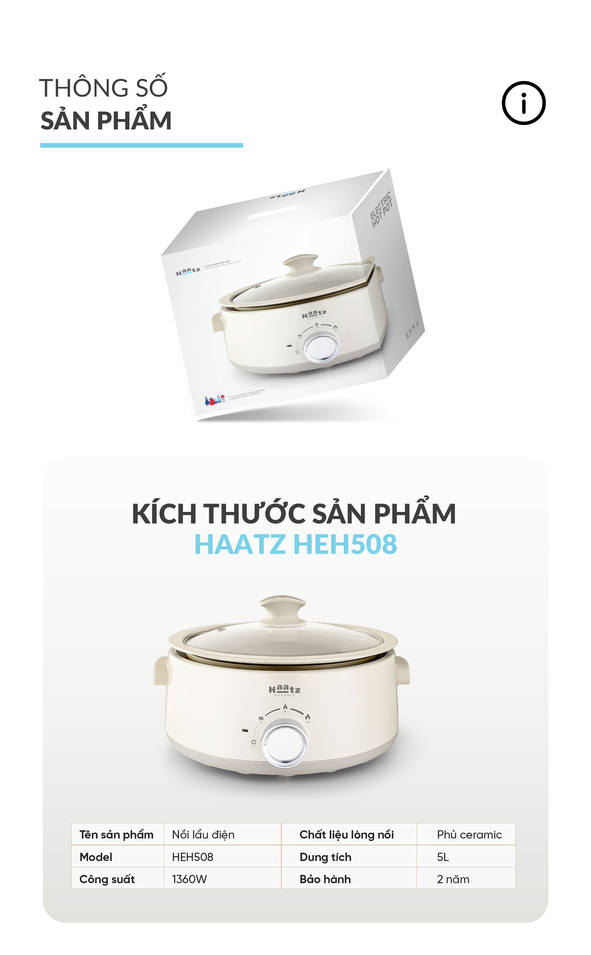 Nồi lẩu điện Haatz lòng phủ ceramic an toàn có thể tháo rời 5 lít